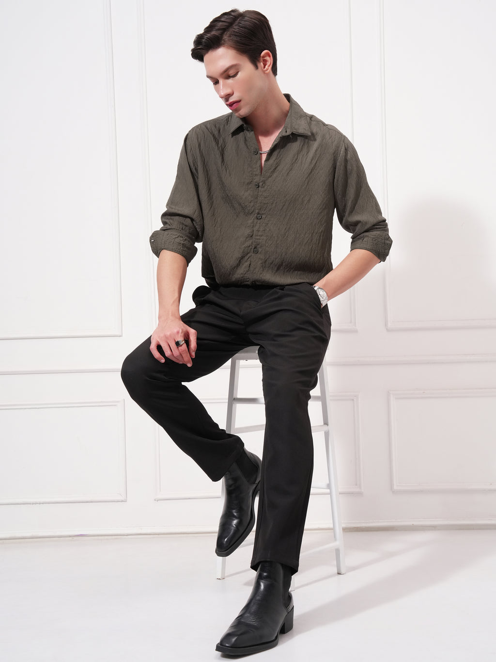 Highlander Men Olive Self Design Slim Fit Casual Shirt - Olive - Image 2