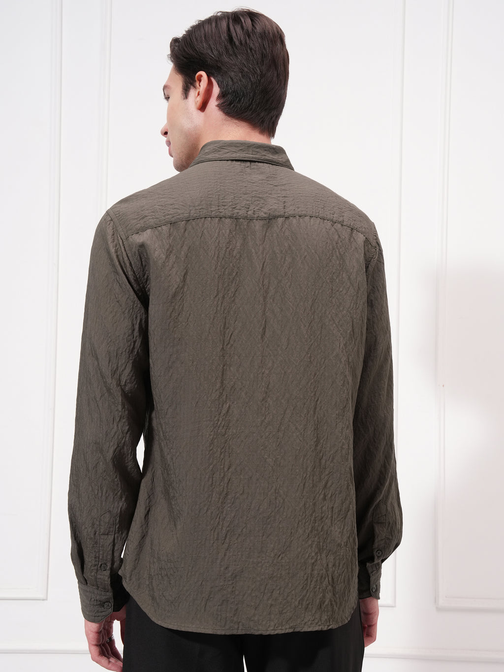 Highlander Men Olive Self Design Slim Fit Casual Shirt - Olive - Image 3