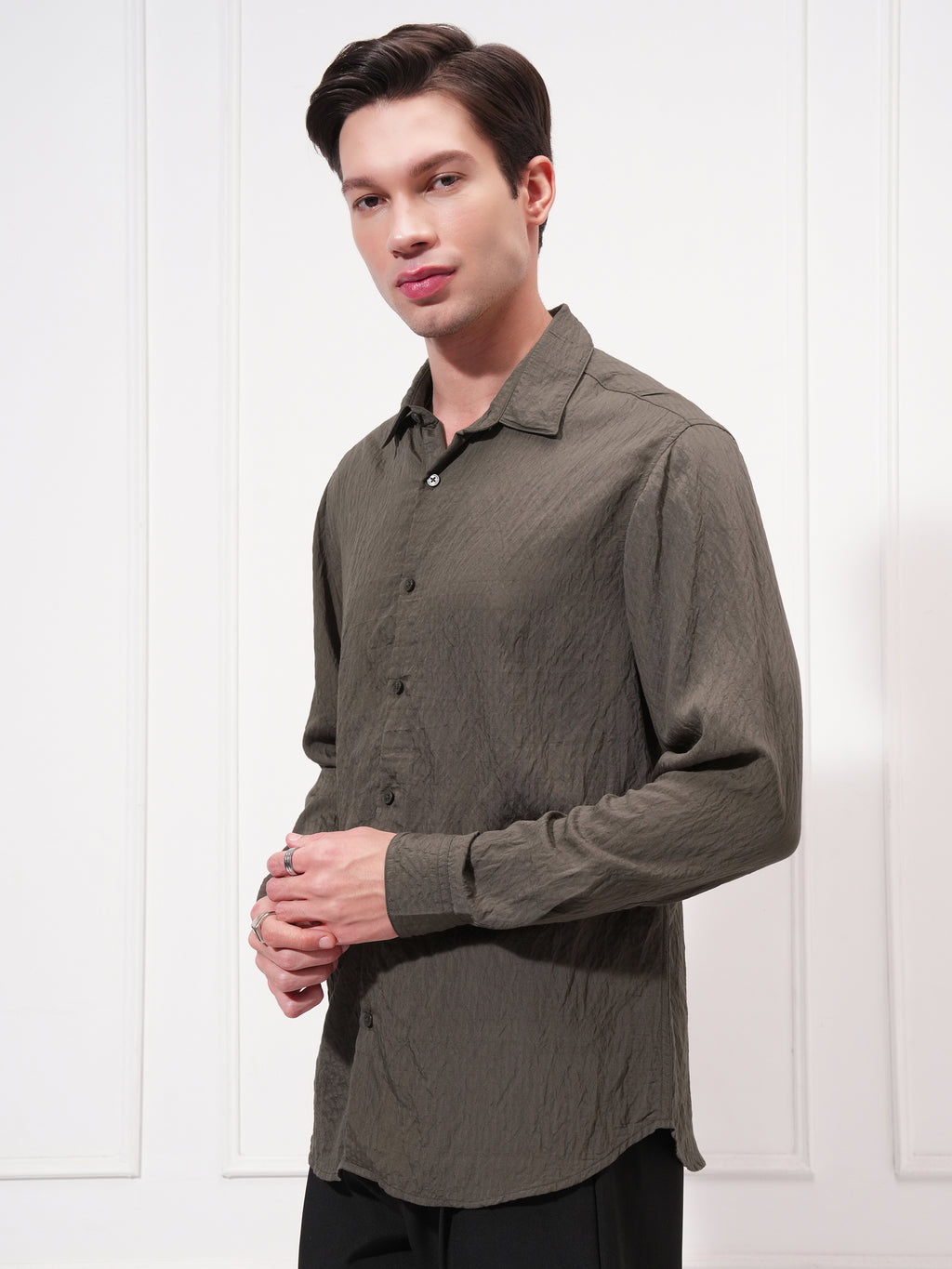 Highlander Men Olive Self Design Slim Fit Casual Shirt - Olive - Image 4