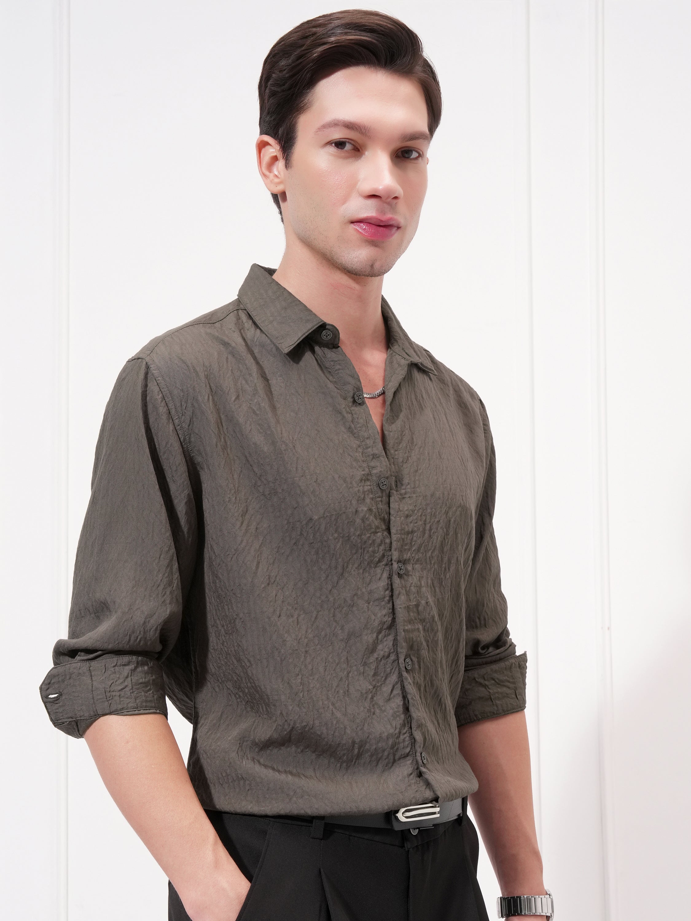 Highlander Men Olive Self Design Slim Fit Casual Shirt - Olive - Image 6