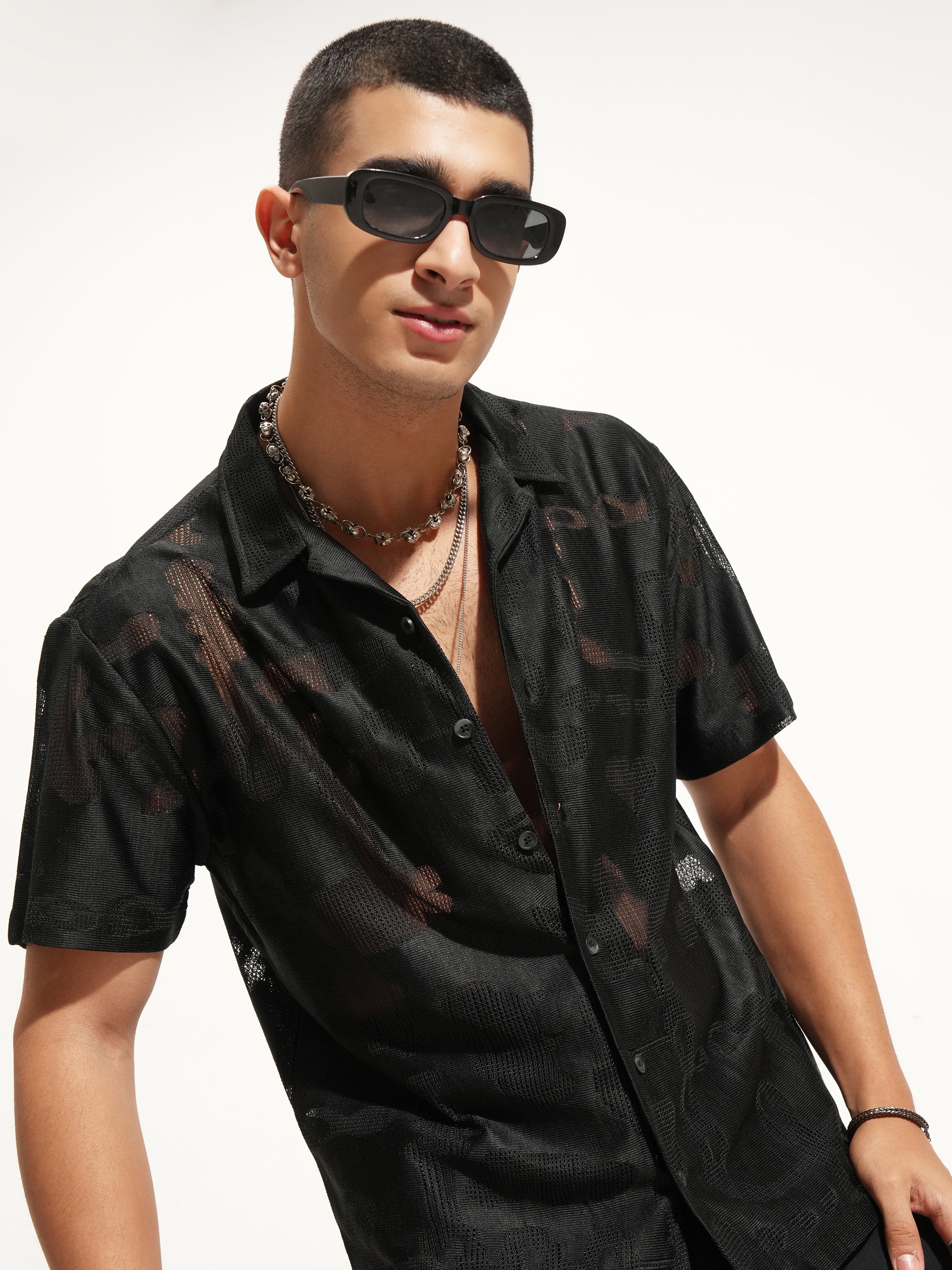 Highlander Men Black Self Design Relaxed Fit Casual Shirt - Black - Image 1