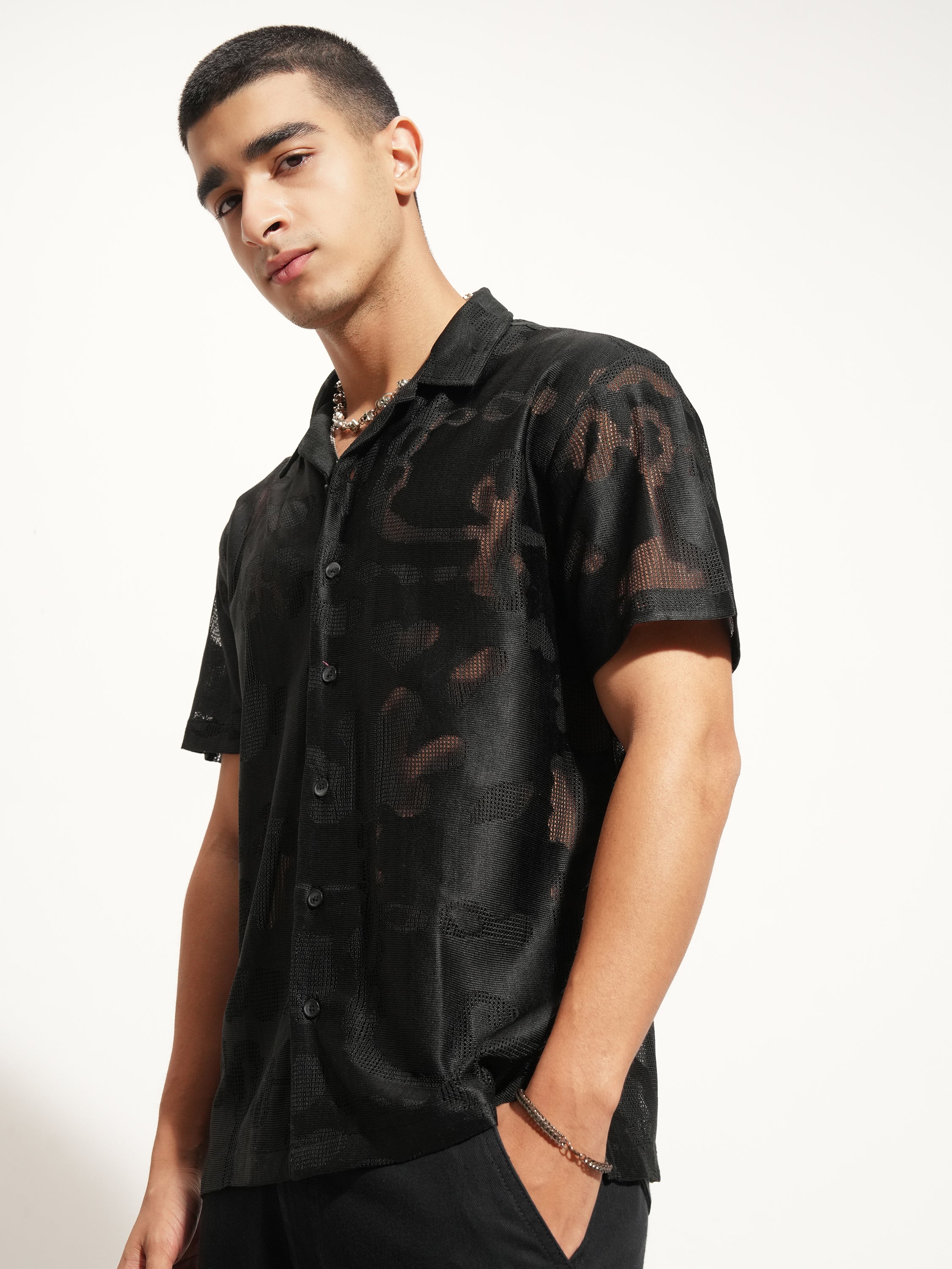 Highlander Men Black Self Design Relaxed Fit Casual Shirt - Black - Image 4