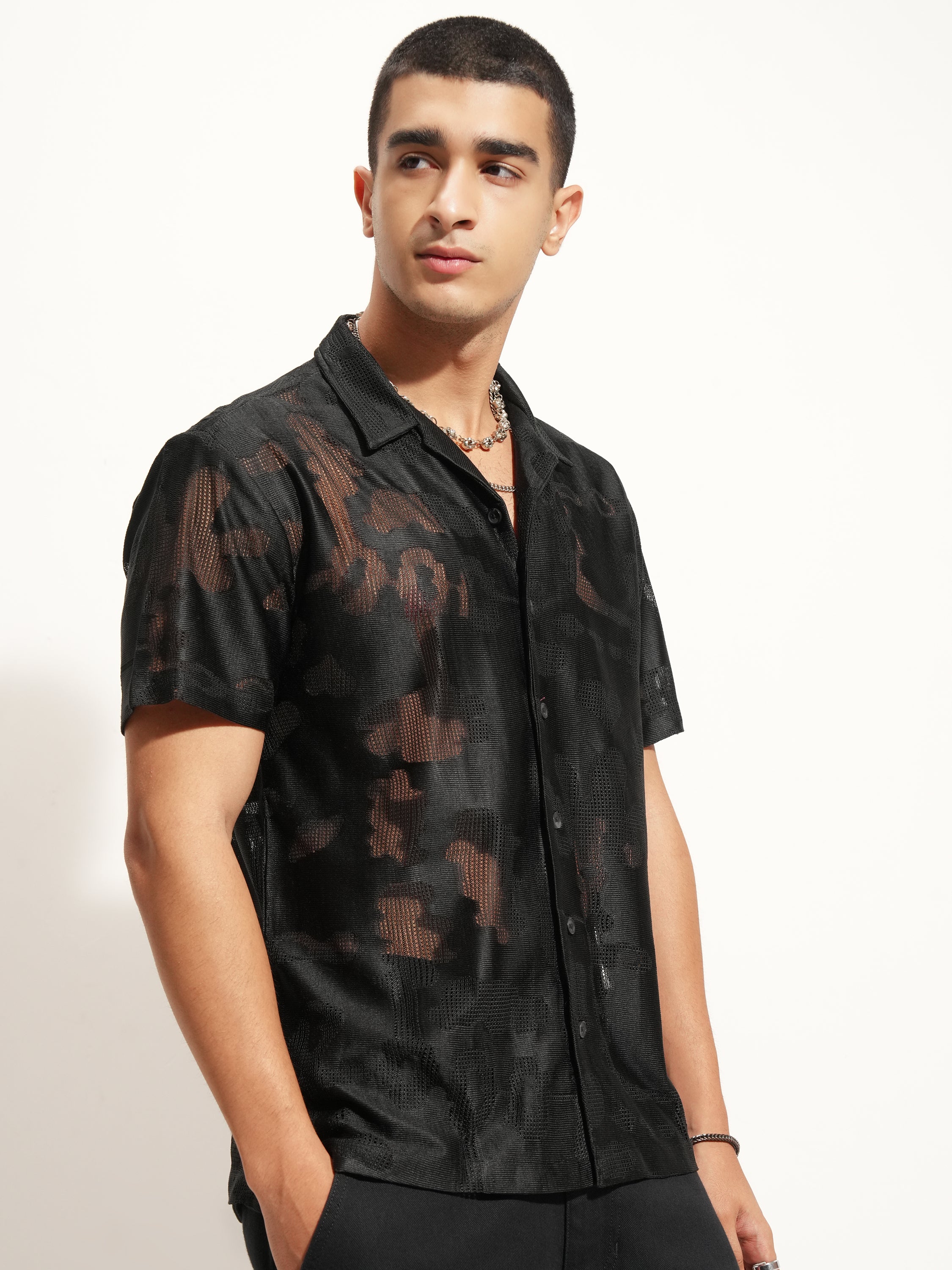 Highlander Men Black Self Design Relaxed Fit Casual Shirt - Black - Image 6
