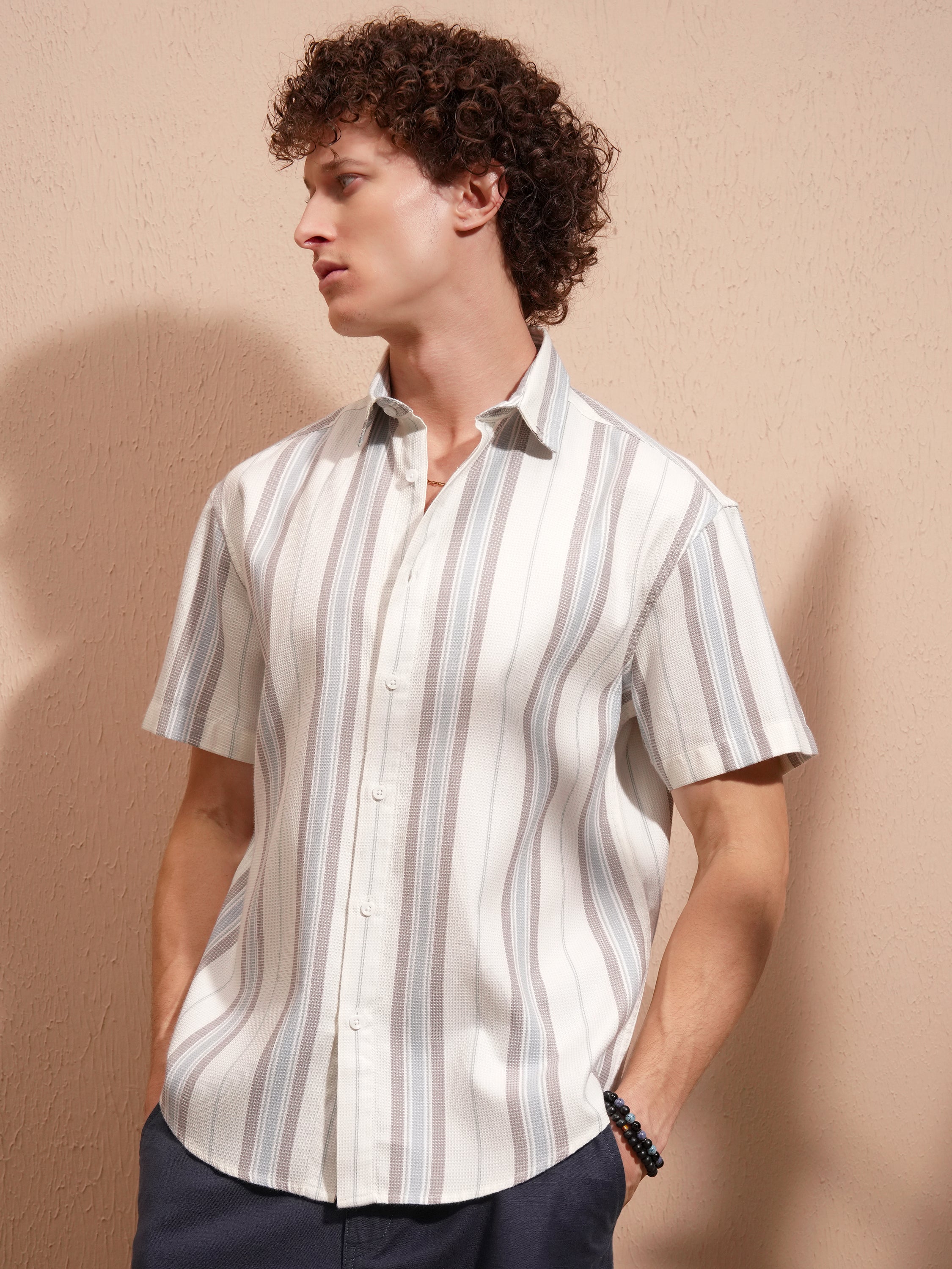 Highlander Men White Striped Relaxed Fit Casual Shirt - White - Image 4