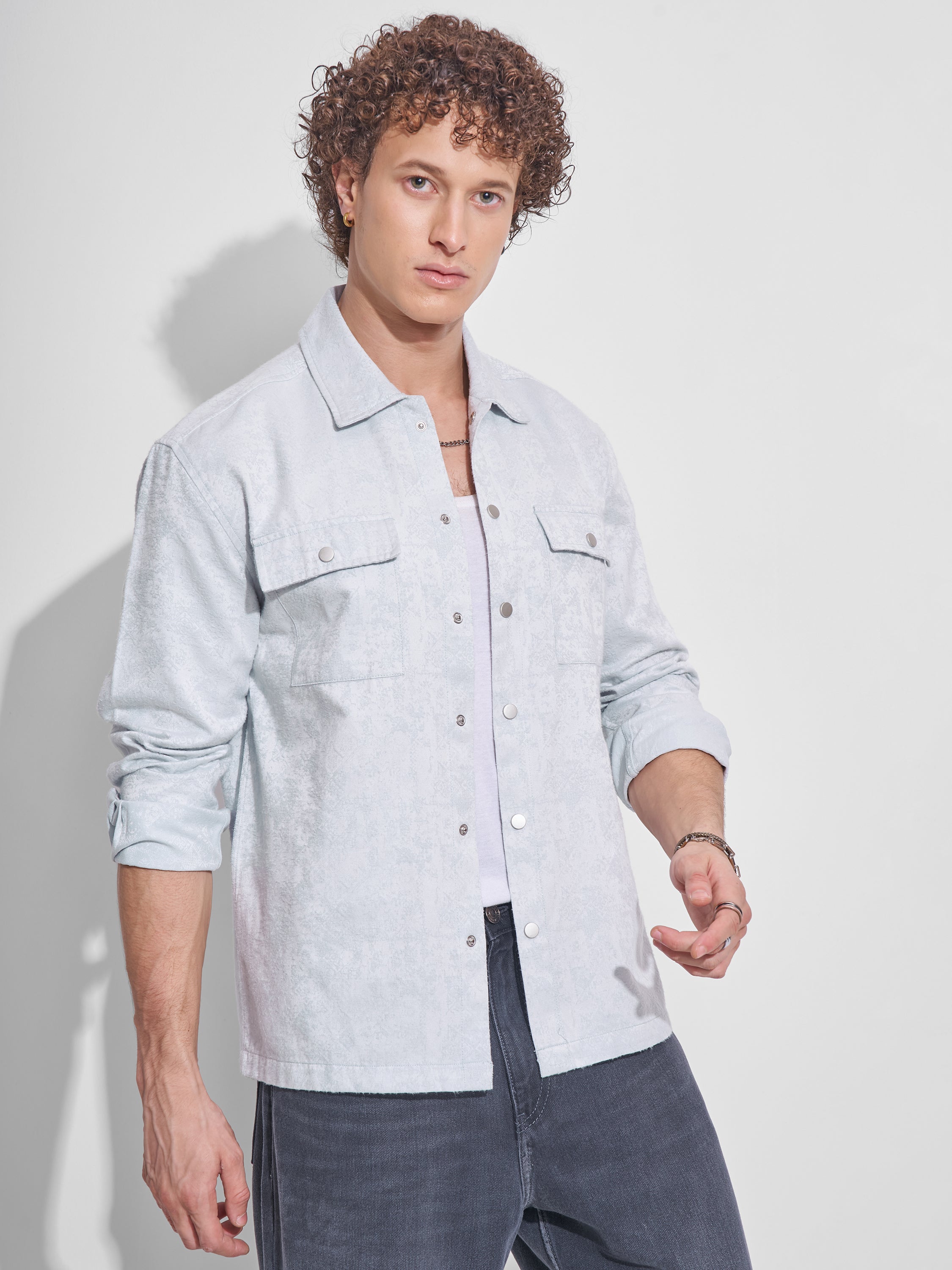 Highlander Men Blue Self Design Relaxed Fit Casual Shirt - Blue - Image 6