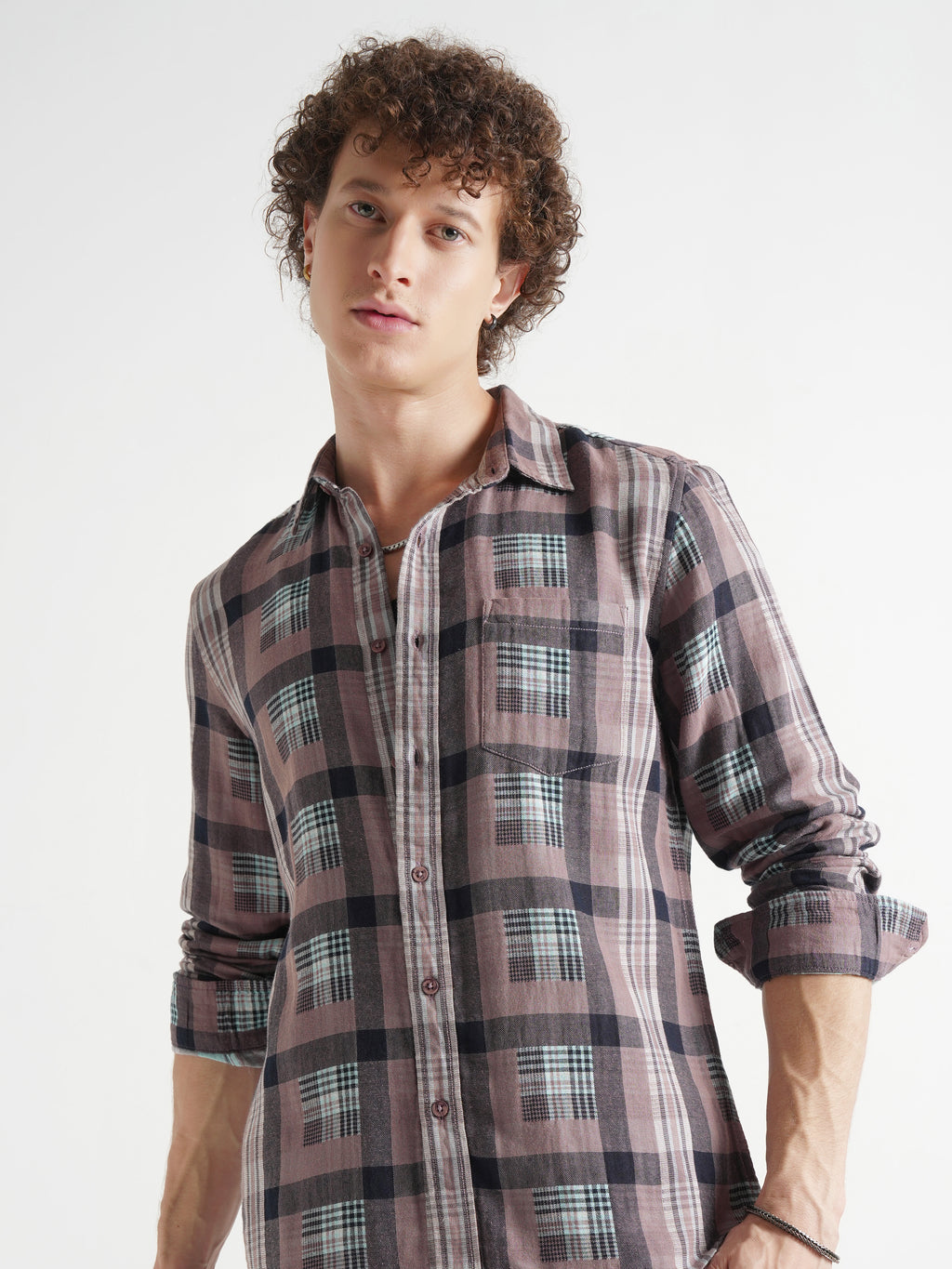 Highlander Men Olive Checked Slim Fit Casual Shirt - Olive - Image 1