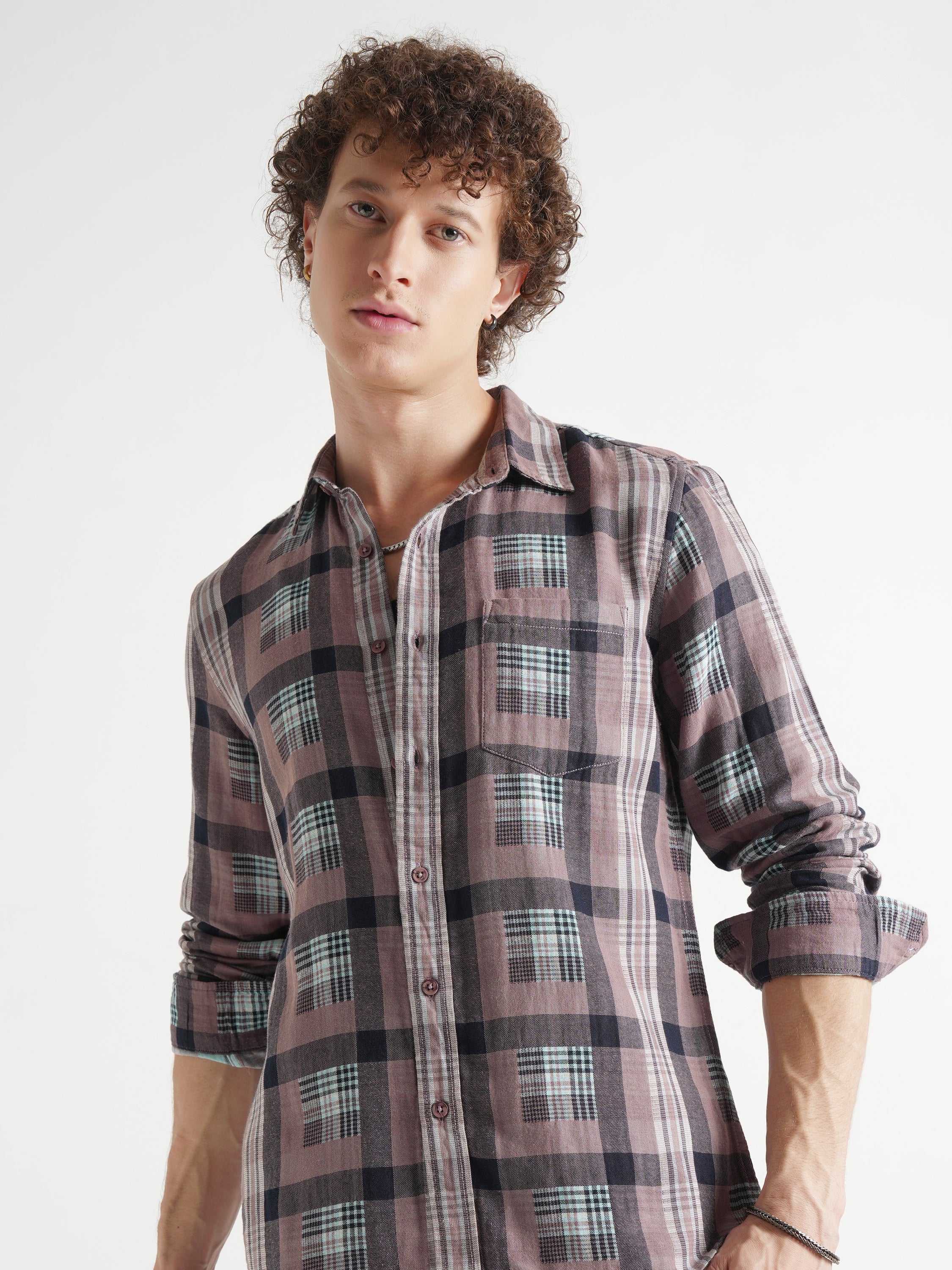 Highlander Men Olive Checked Slim Fit Casual Shirt - Olive - Image 1