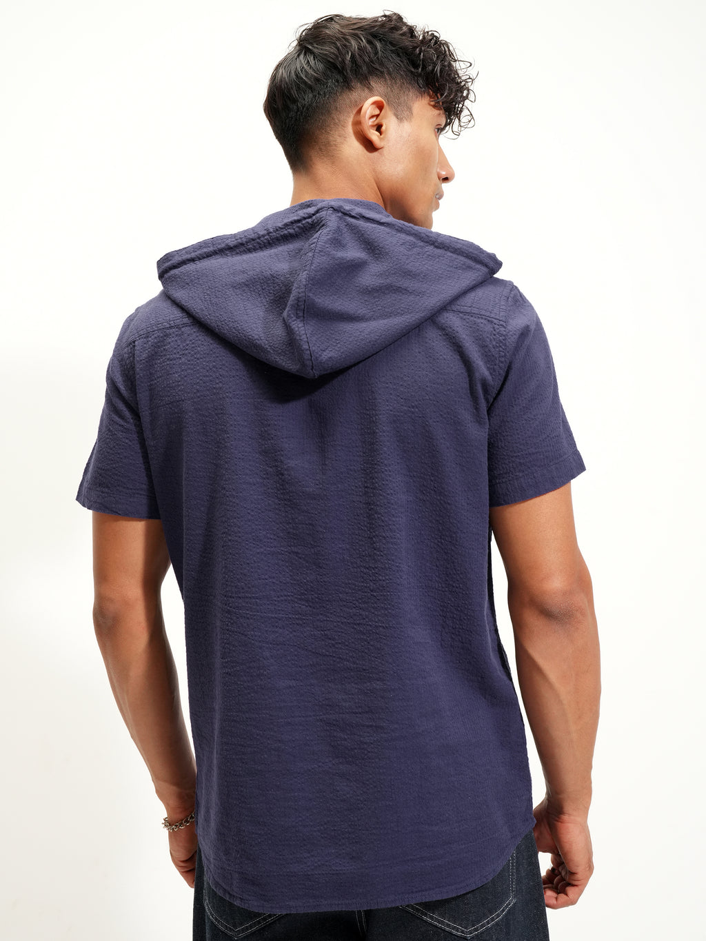 Highlander Men Navy Blue Self Design Slim Fit Casual Shirt - Navy Blue - Image 3