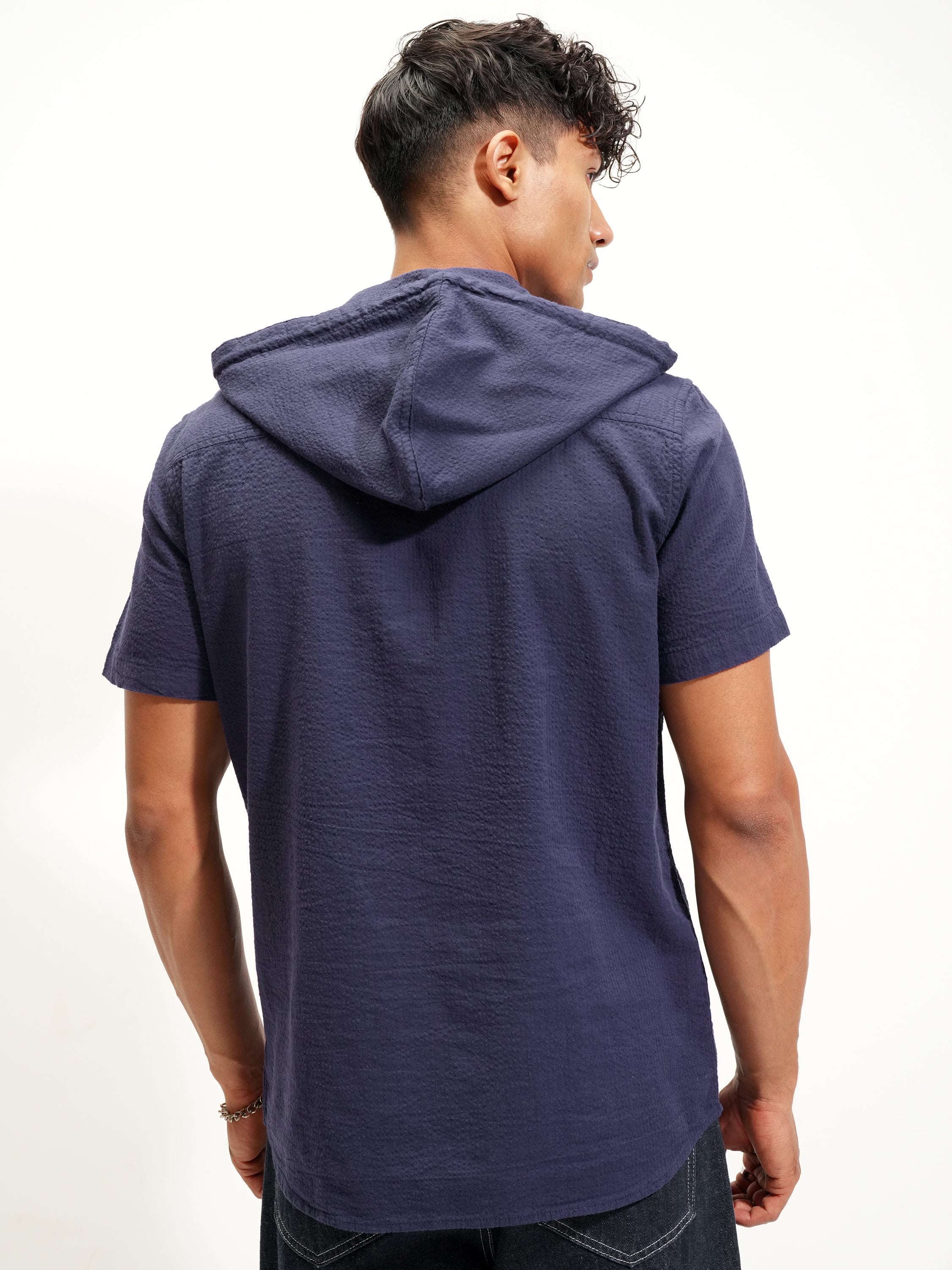 Highlander Men Navy Blue Self Design Slim Fit Casual Shirt - Navy Blue - Image 3