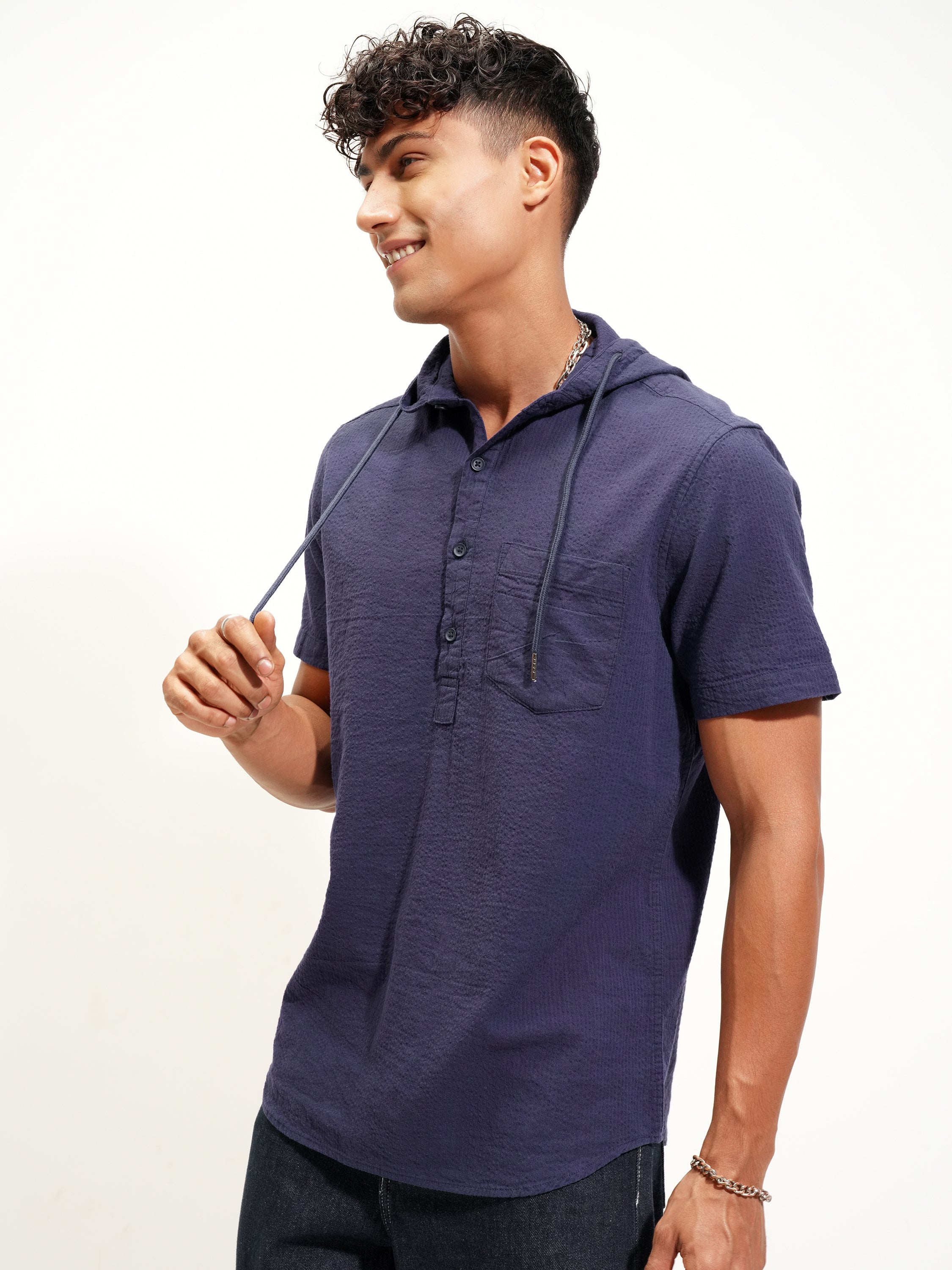 Highlander Men Navy Blue Self Design Slim Fit Casual Shirt - Navy Blue - Image 4