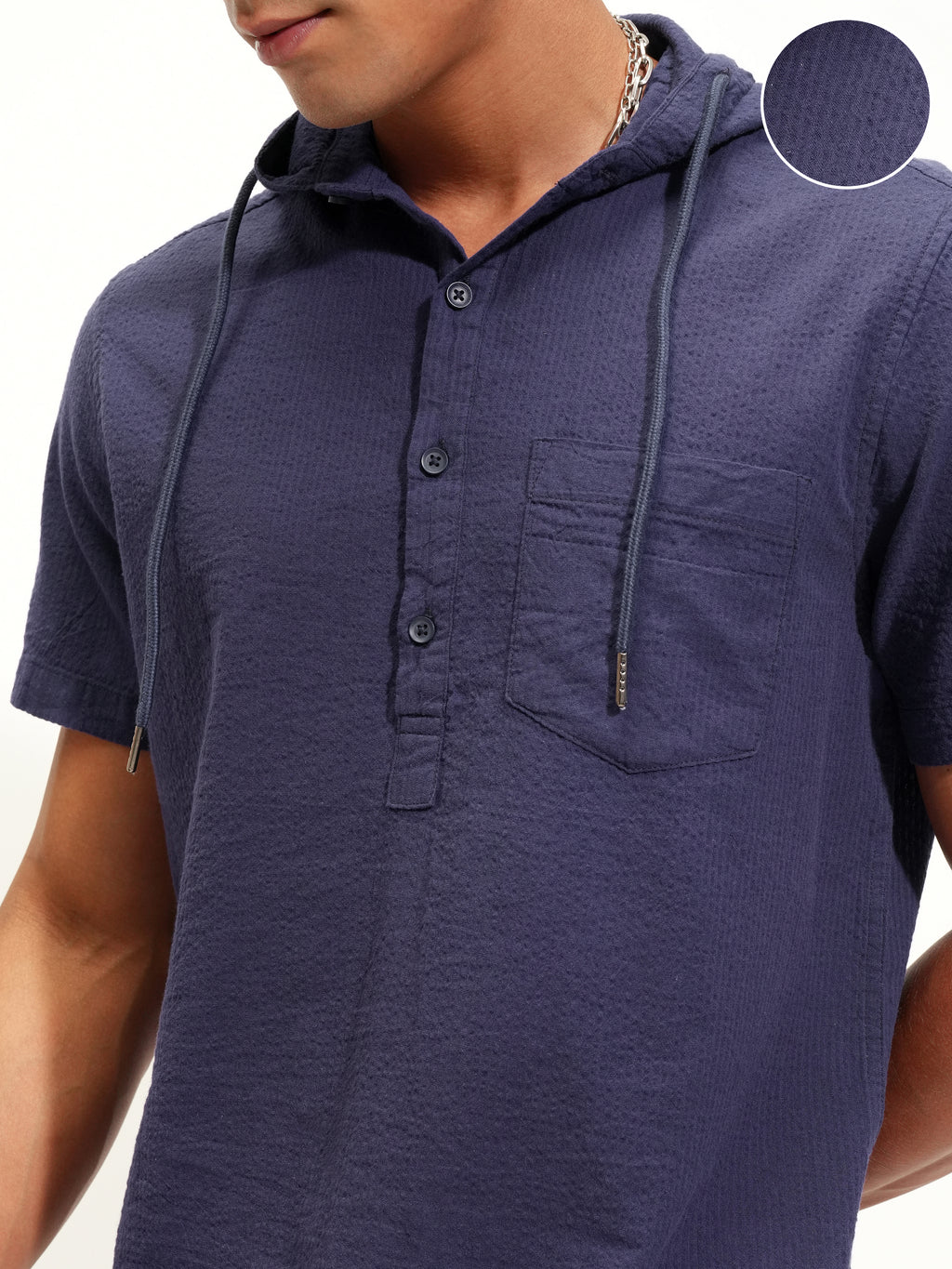 Highlander Men Navy Blue Self Design Slim Fit Casual Shirt - Navy Blue - Image 5
