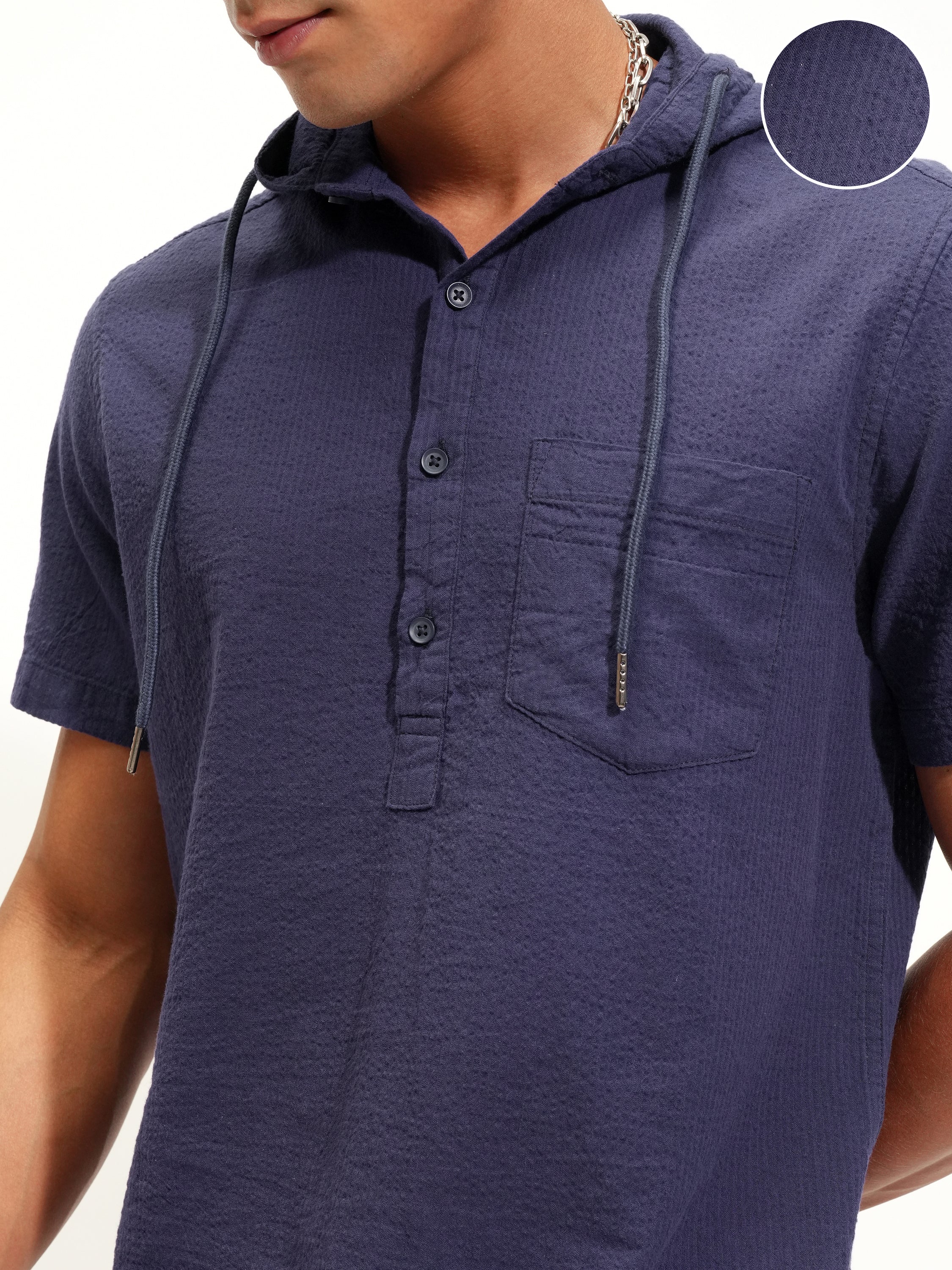 Highlander Men Navy Blue Self Design Slim Fit Casual Shirt - Navy Blue - Image 5