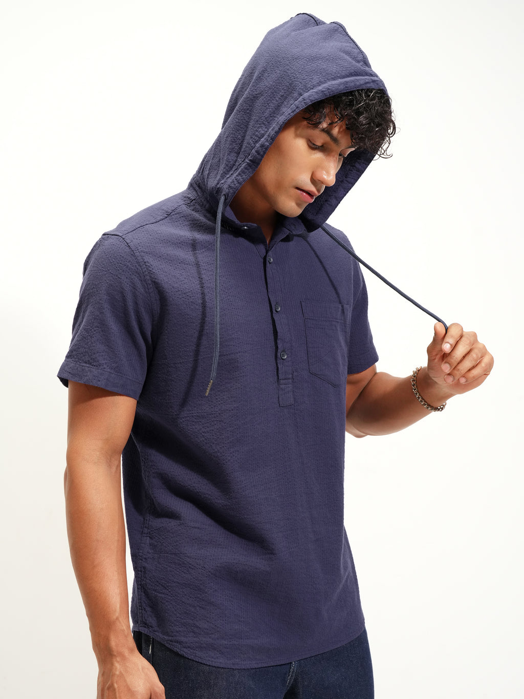 Highlander Men Navy Blue Self Design Slim Fit Casual Shirt - Navy Blue - Image 6