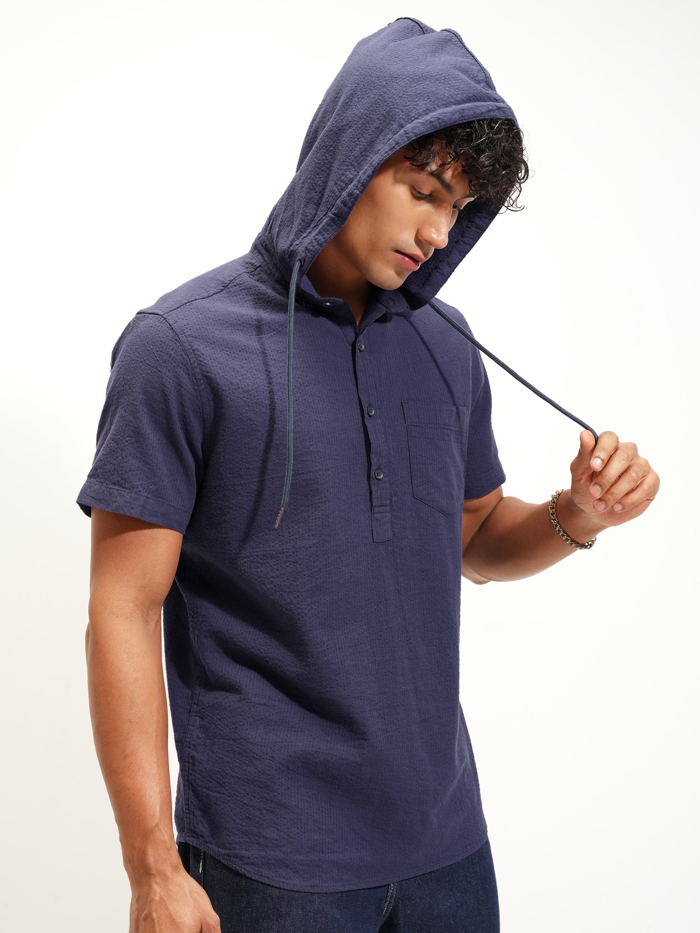 Highlander Men Navy Blue Self Design Slim Fit Casual Shirt - Navy Blue - Image 6