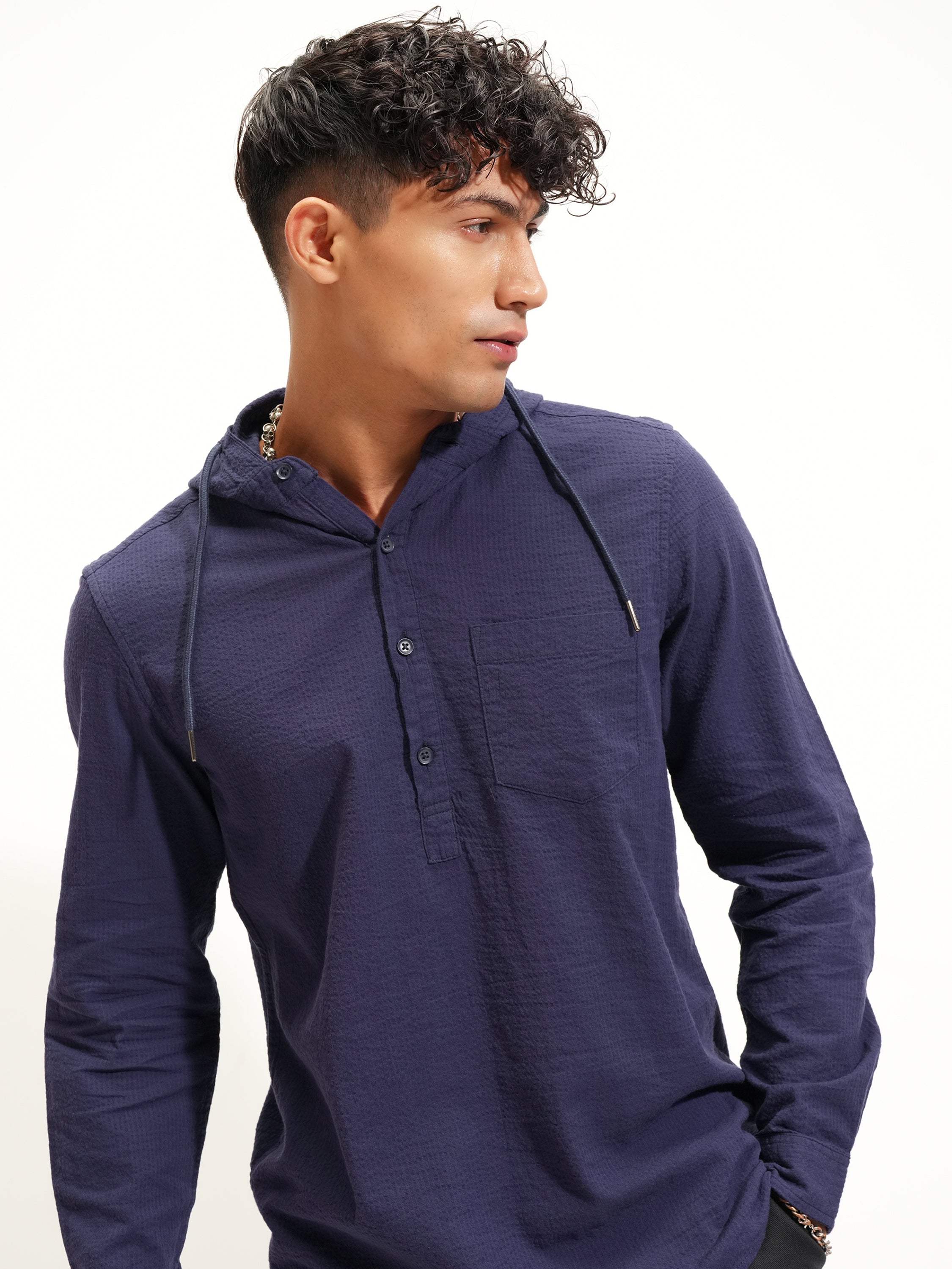 Highlander Men Navy Blue Self Design Slim Fit Casual Shirt - Navy Blue - Image 1