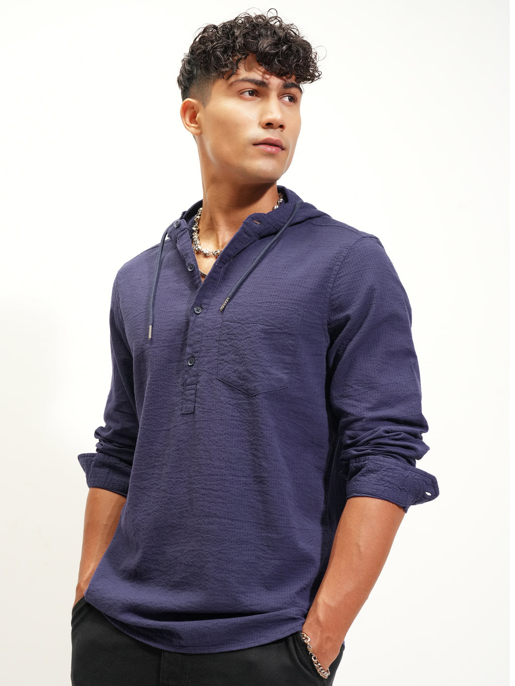 Highlander Men Navy Blue Self Design Slim Fit Casual Shirt - Navy Blue - Image 4