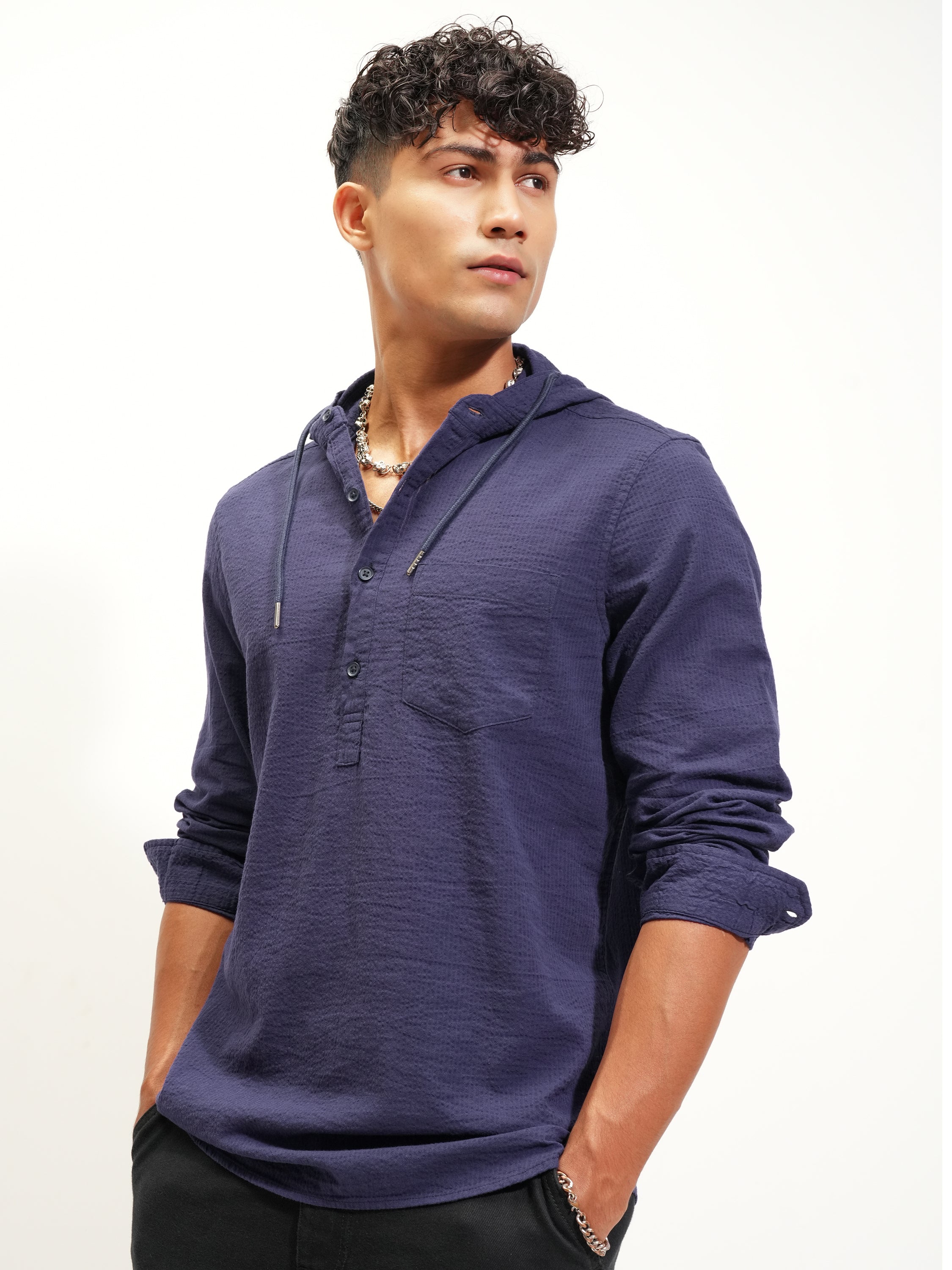 Highlander Men Navy Blue Self Design Slim Fit Casual Shirt - Navy Blue - Image 4