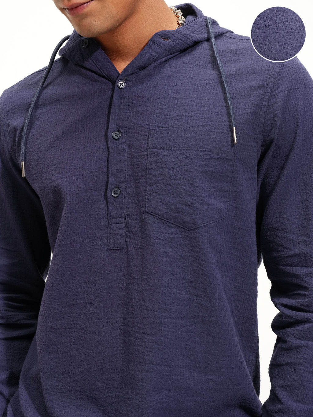 Highlander Men Navy Blue Self Design Slim Fit Casual Shirt - Navy Blue - Image 5