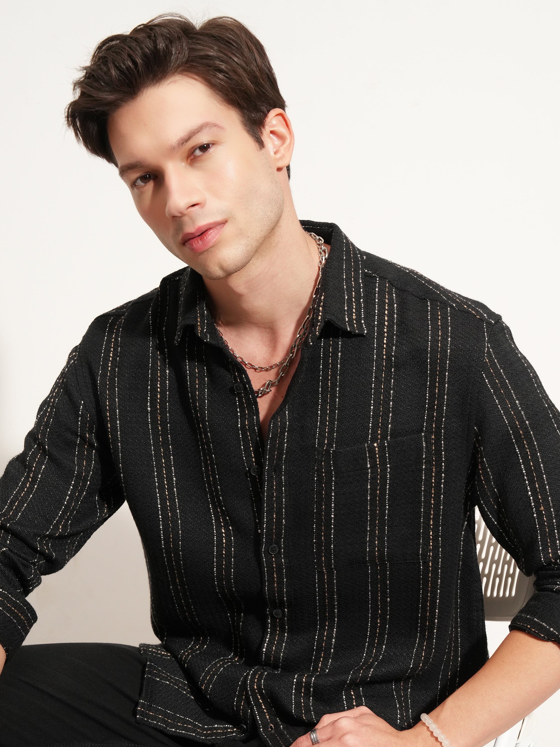 Highlander Men Black Striped Relaxed Fit Casual Shirt - Black - Image 1