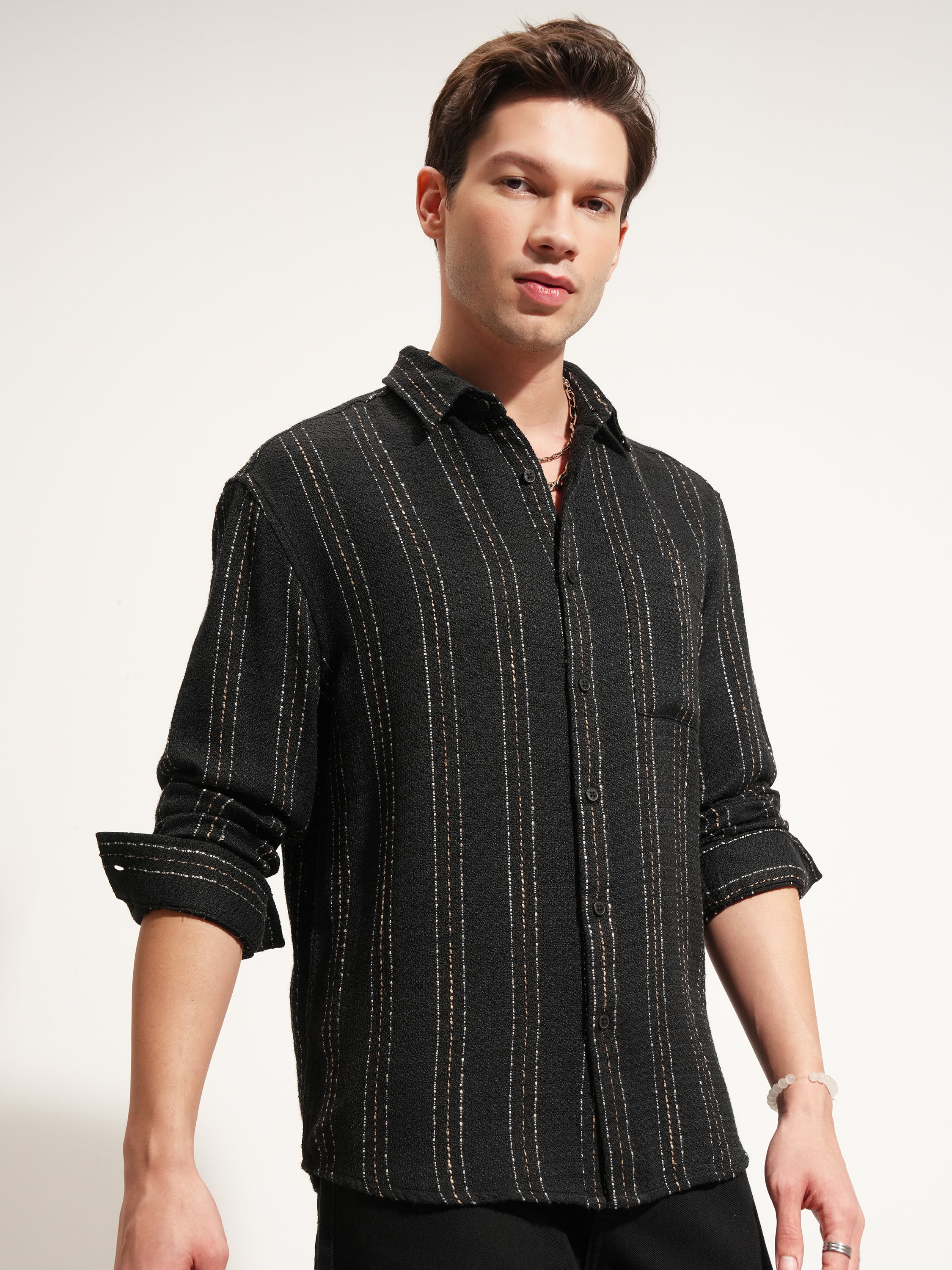 Highlander Men Black Striped Relaxed Fit Casual Shirt - Black - Image 6