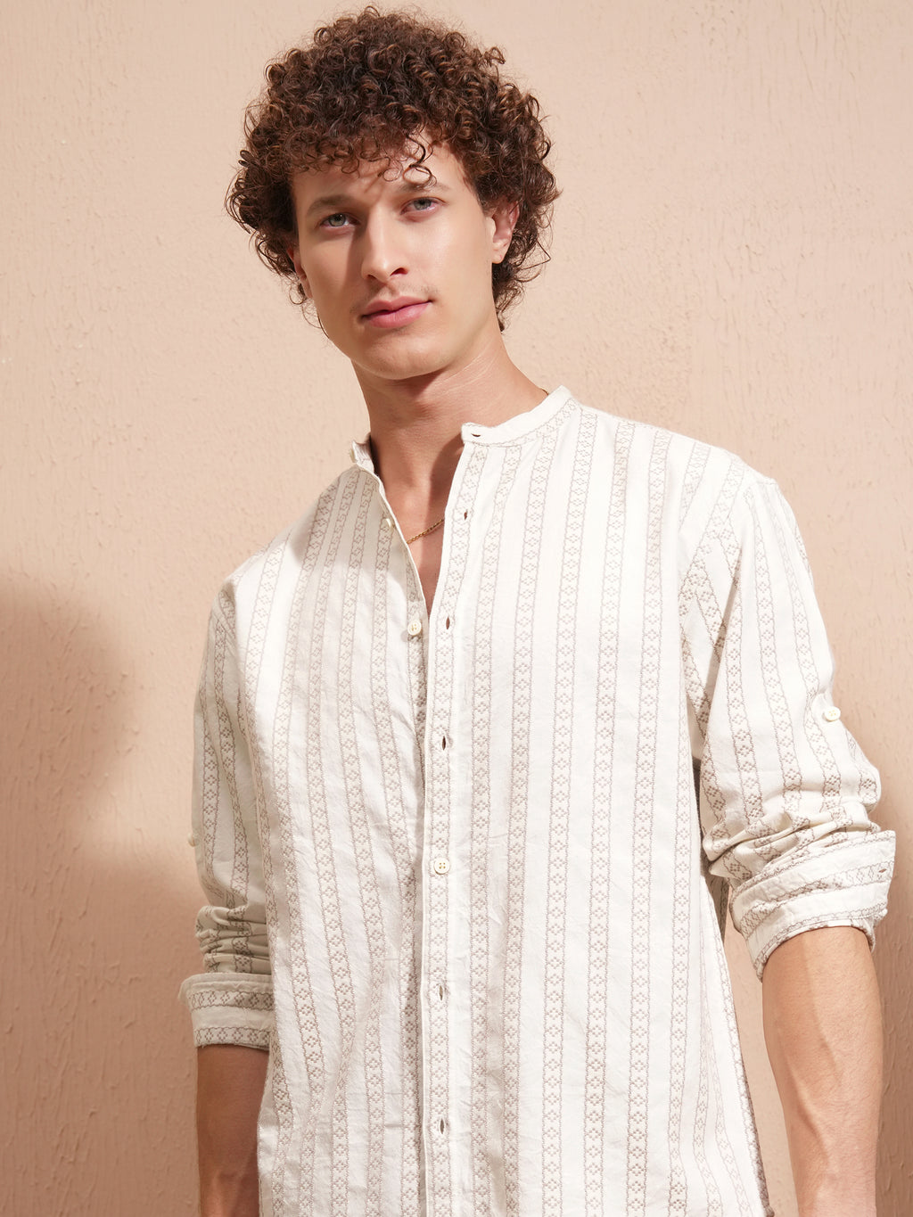 Highlander Men Cream Striped Relaxed Fit Casual Shirt - Cream - Image 1