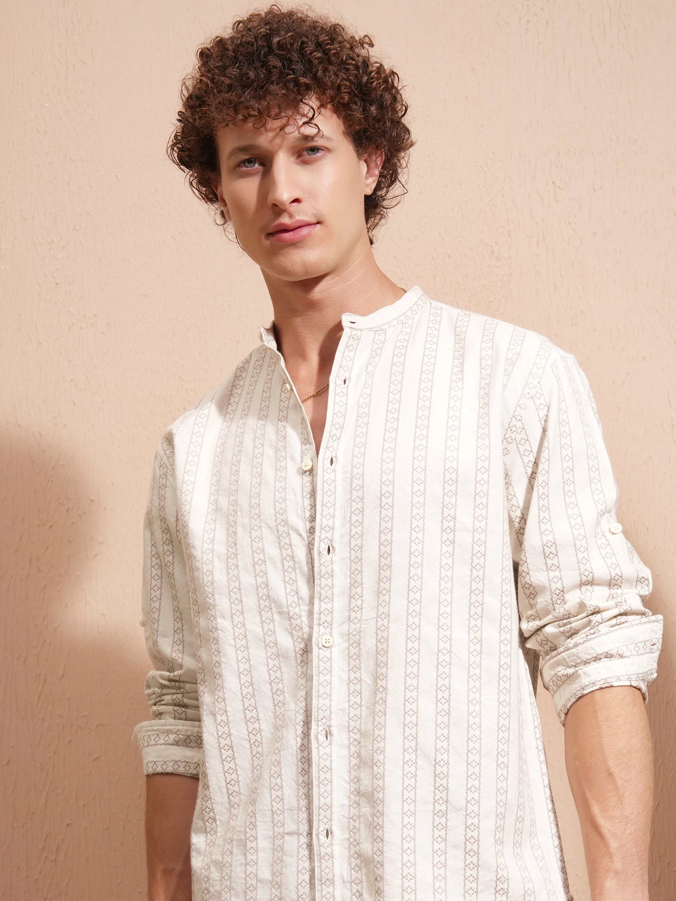Highlander Men Cream Striped Relaxed Fit Casual Shirt - Cream - Image 1