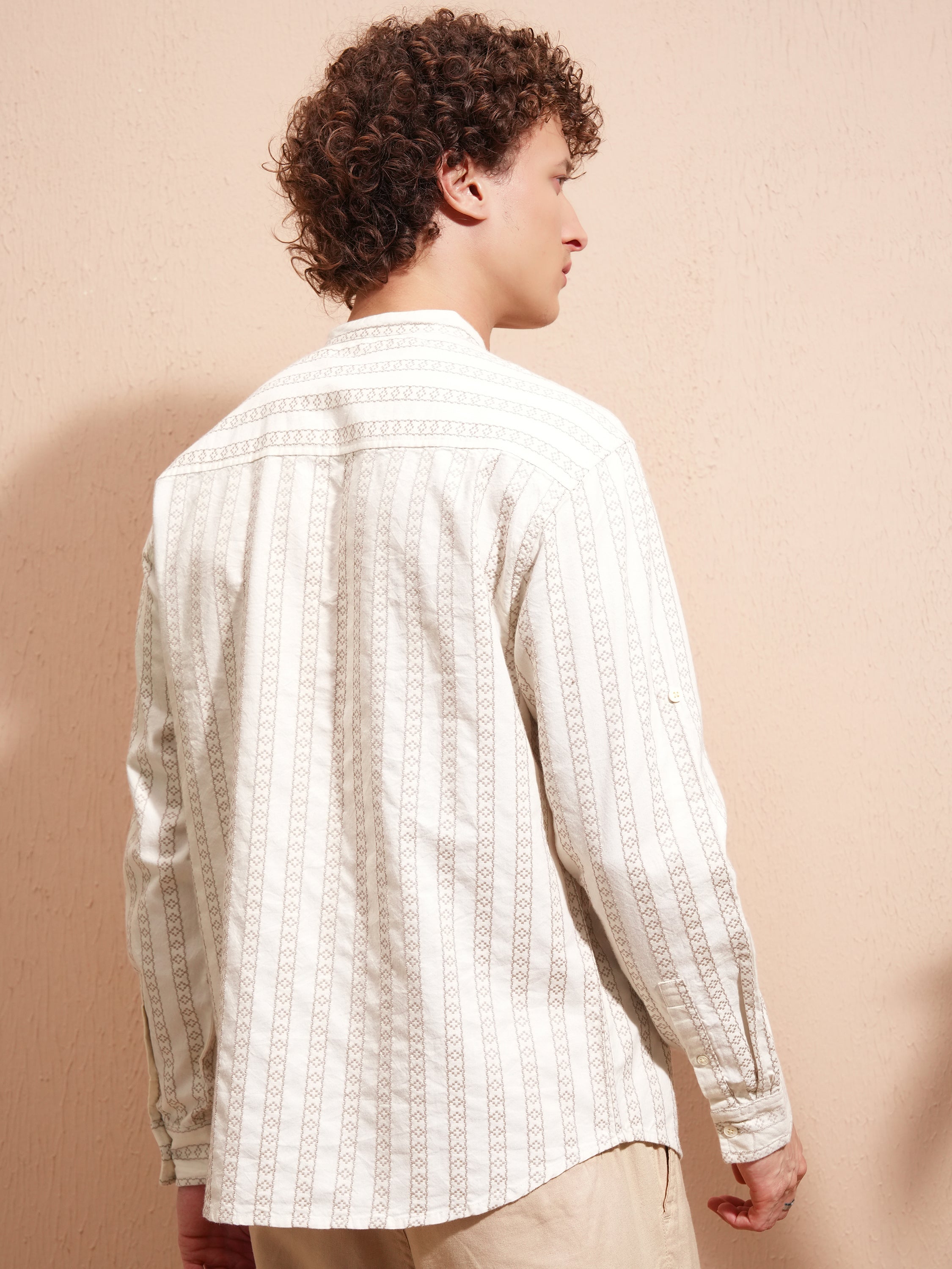 Highlander Men Cream Striped Relaxed Fit Casual Shirt - Cream - Image 3