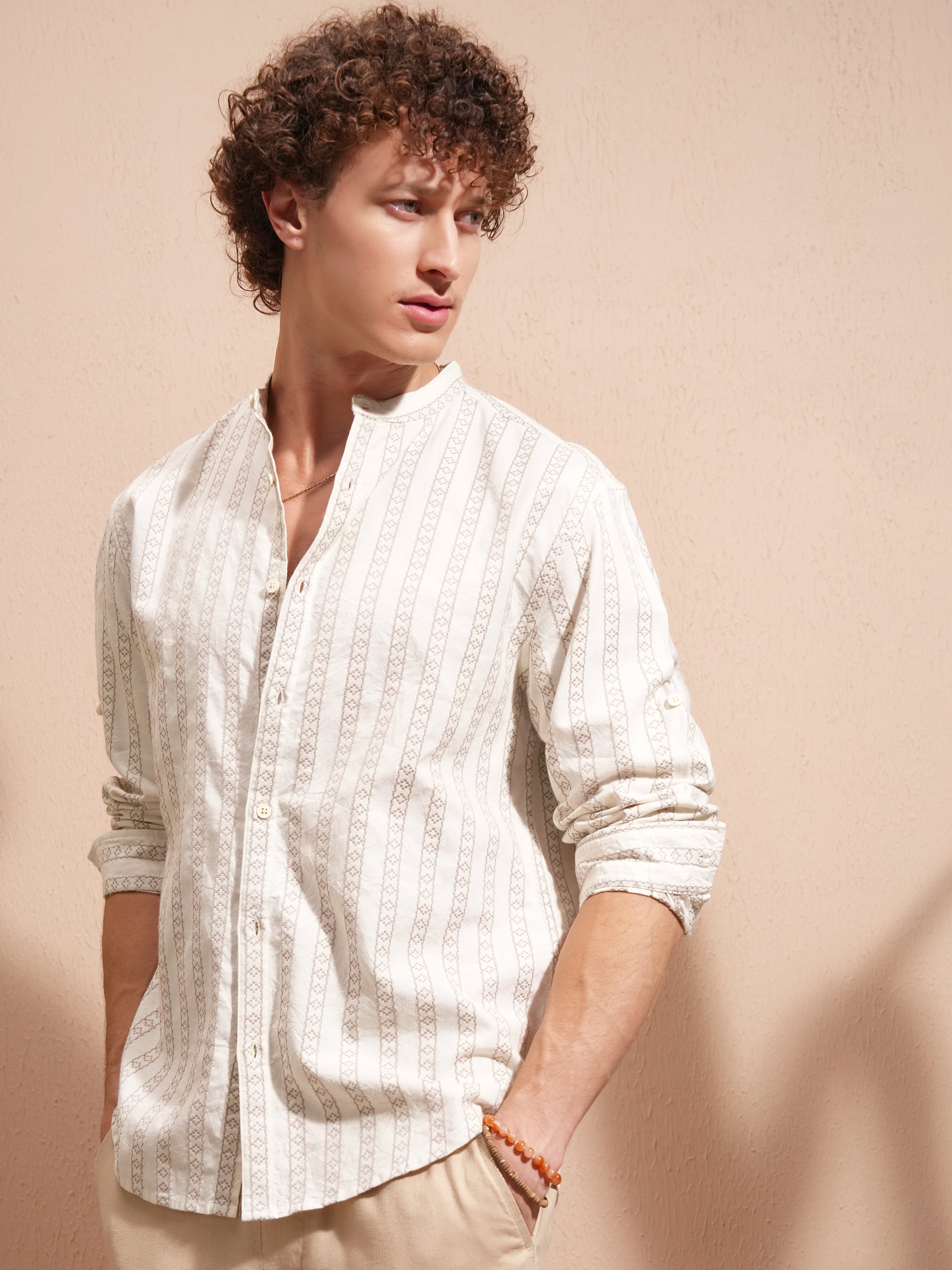 Highlander Men Cream Striped Relaxed Fit Casual Shirt - Cream - Image 4