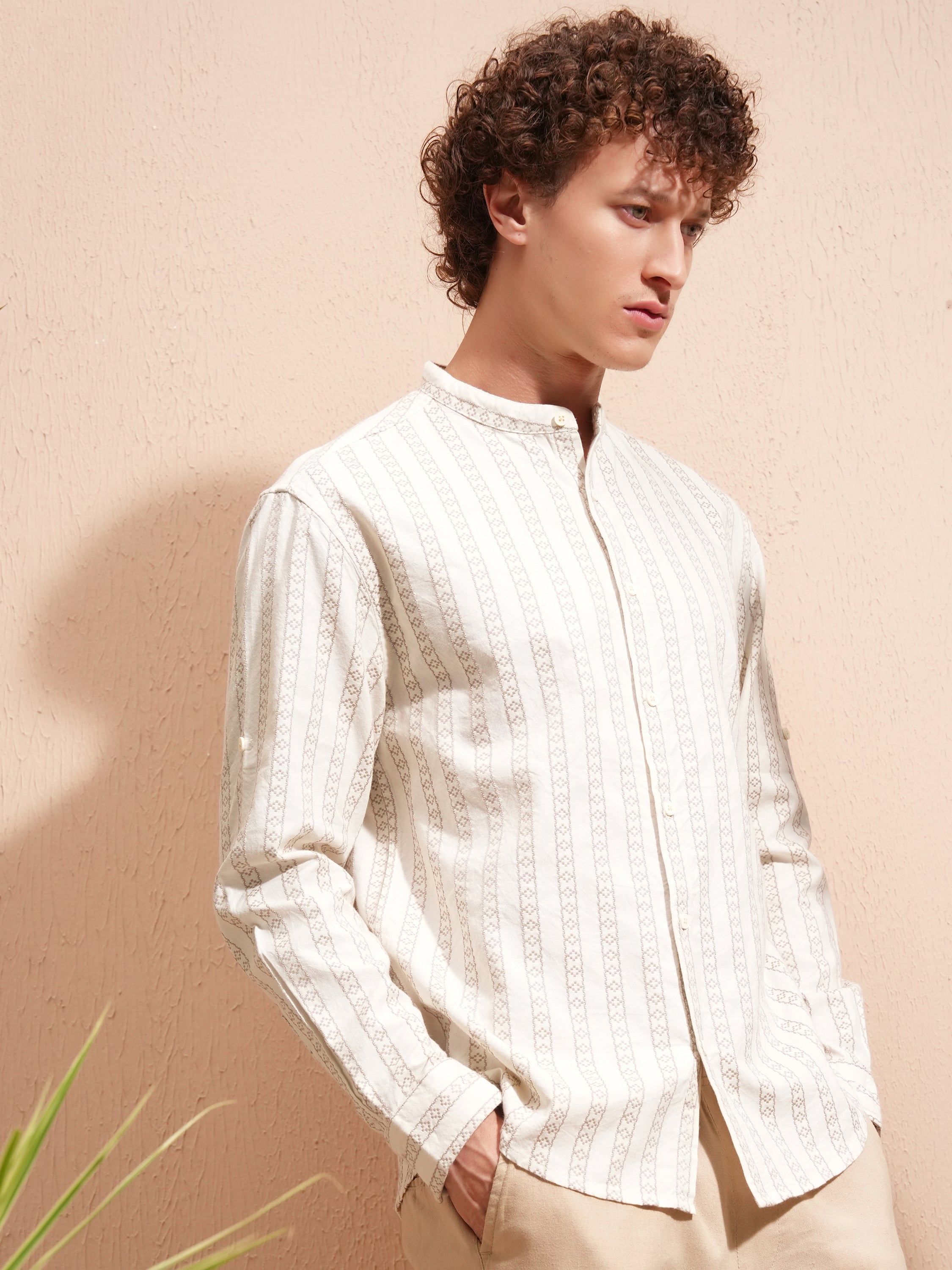 Highlander Men Cream Striped Relaxed Fit Casual Shirt - Cream - Image 6