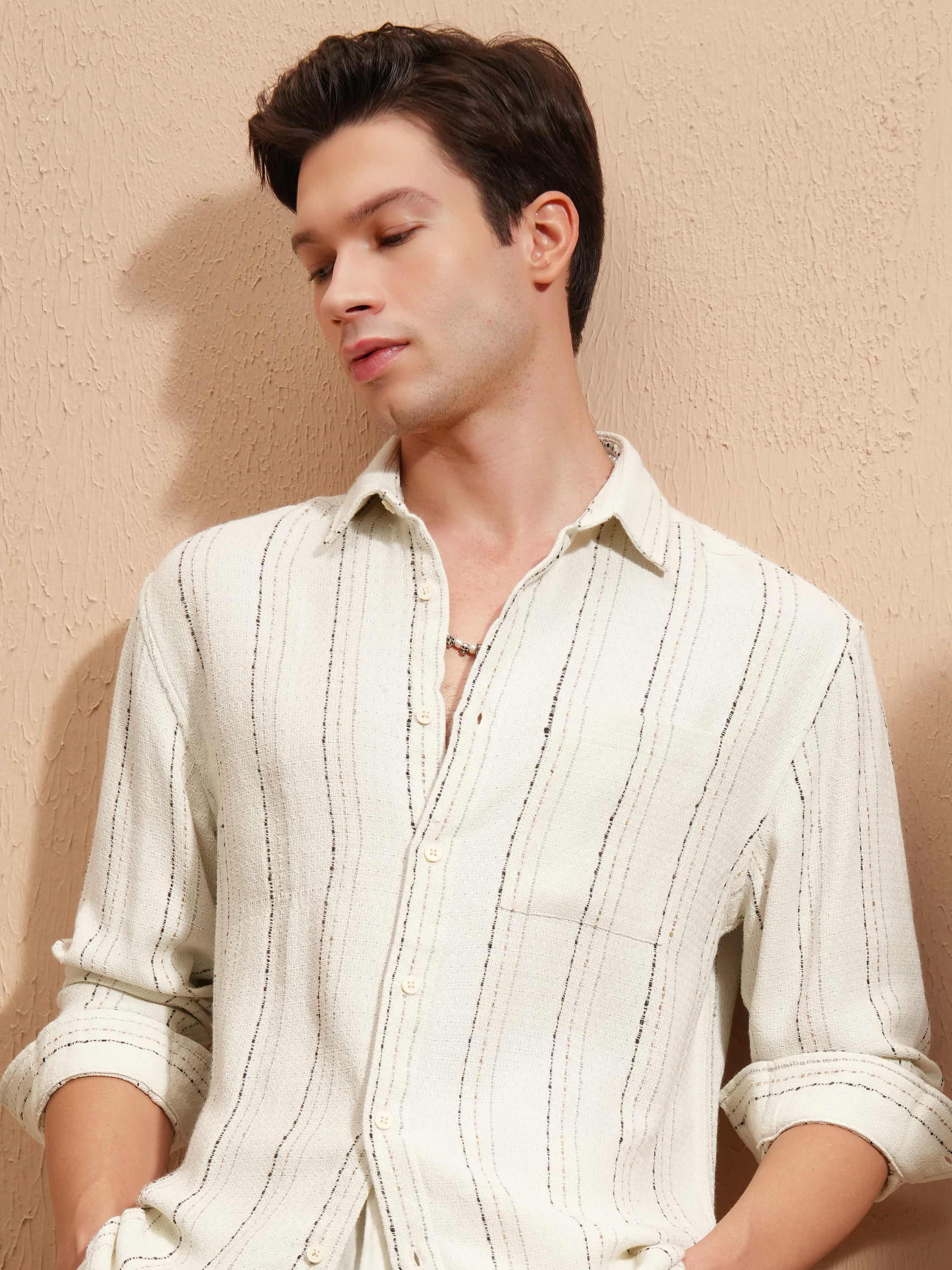 Highlander Men Off White Striped Relaxed Fit Casual Shirt - Off White - Image 1