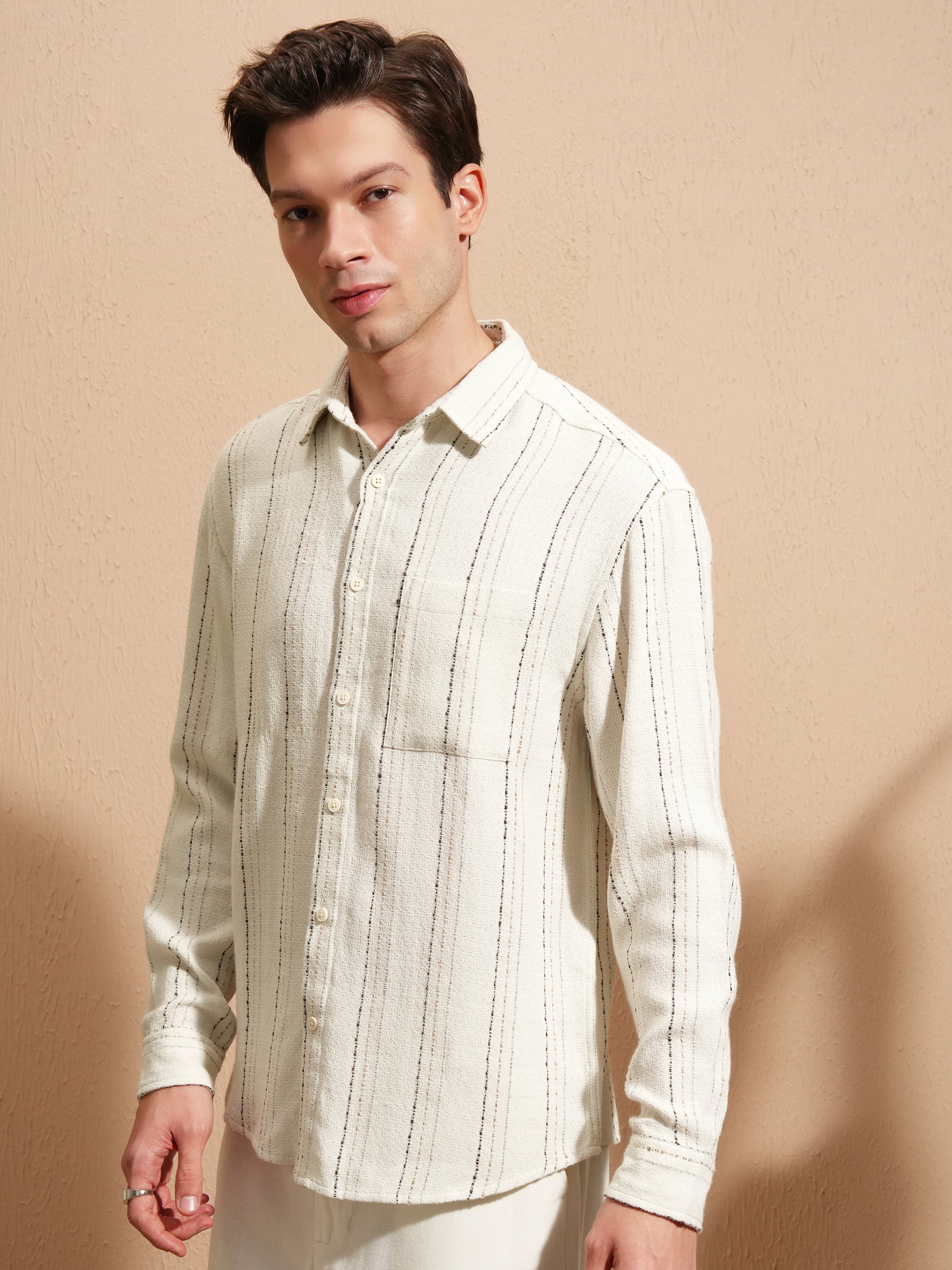 Highlander Men Off White Striped Relaxed Fit Casual Shirt - Off White - Image 4