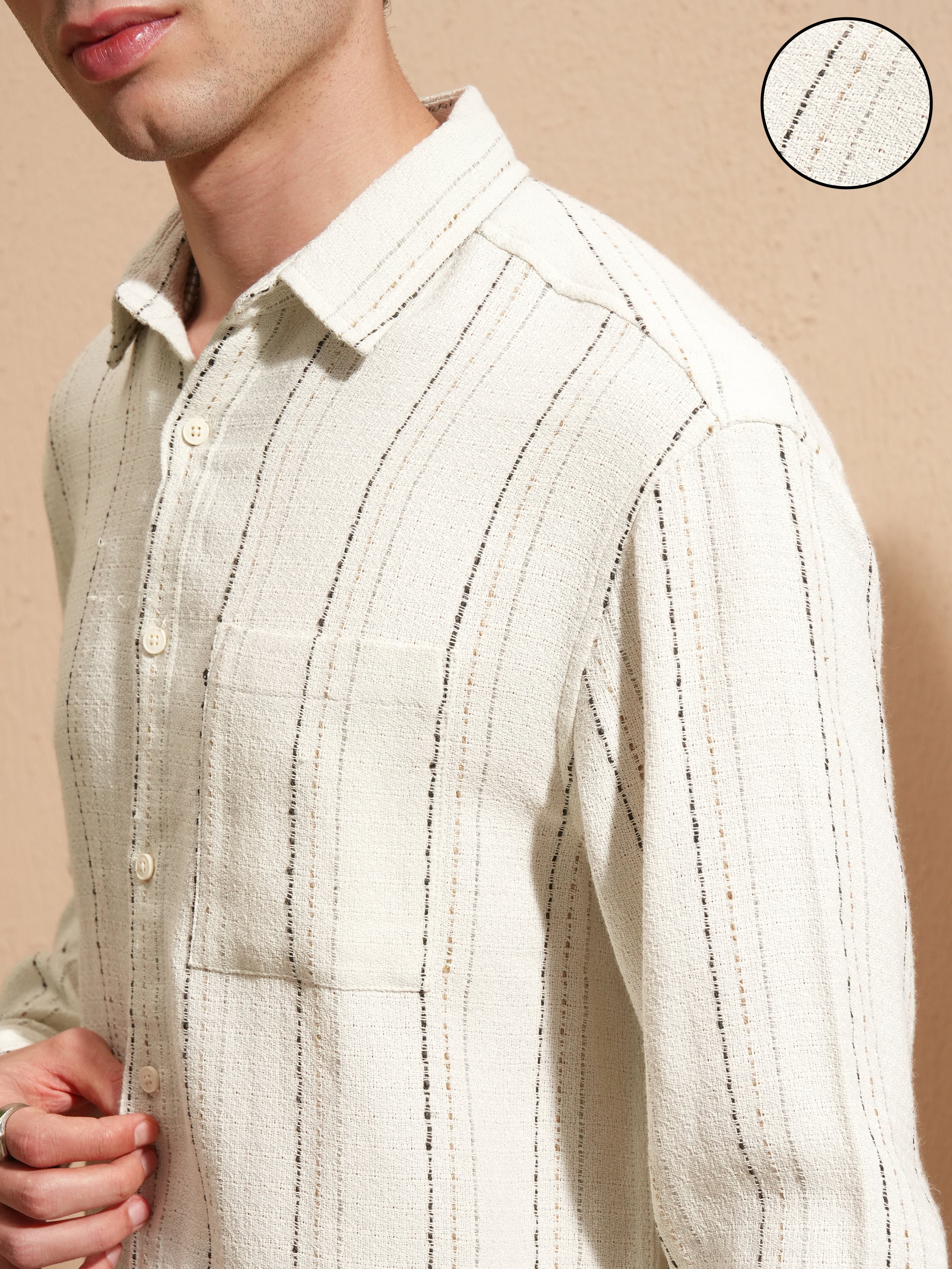Highlander Men Off White Striped Relaxed Fit Casual Shirt - Off White - Image 5