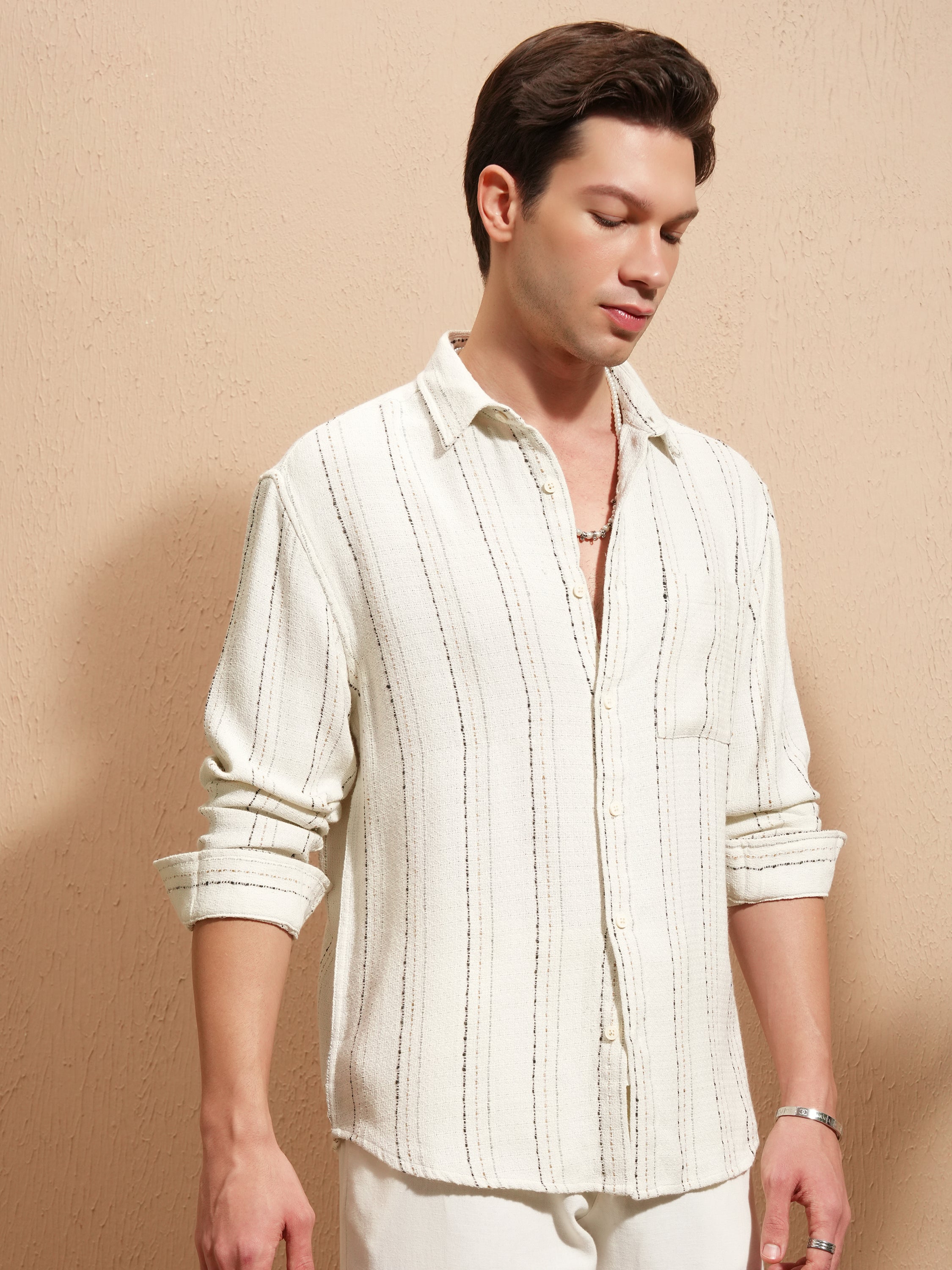 Highlander Men Off White Striped Relaxed Fit Casual Shirt - Off White - Image 6