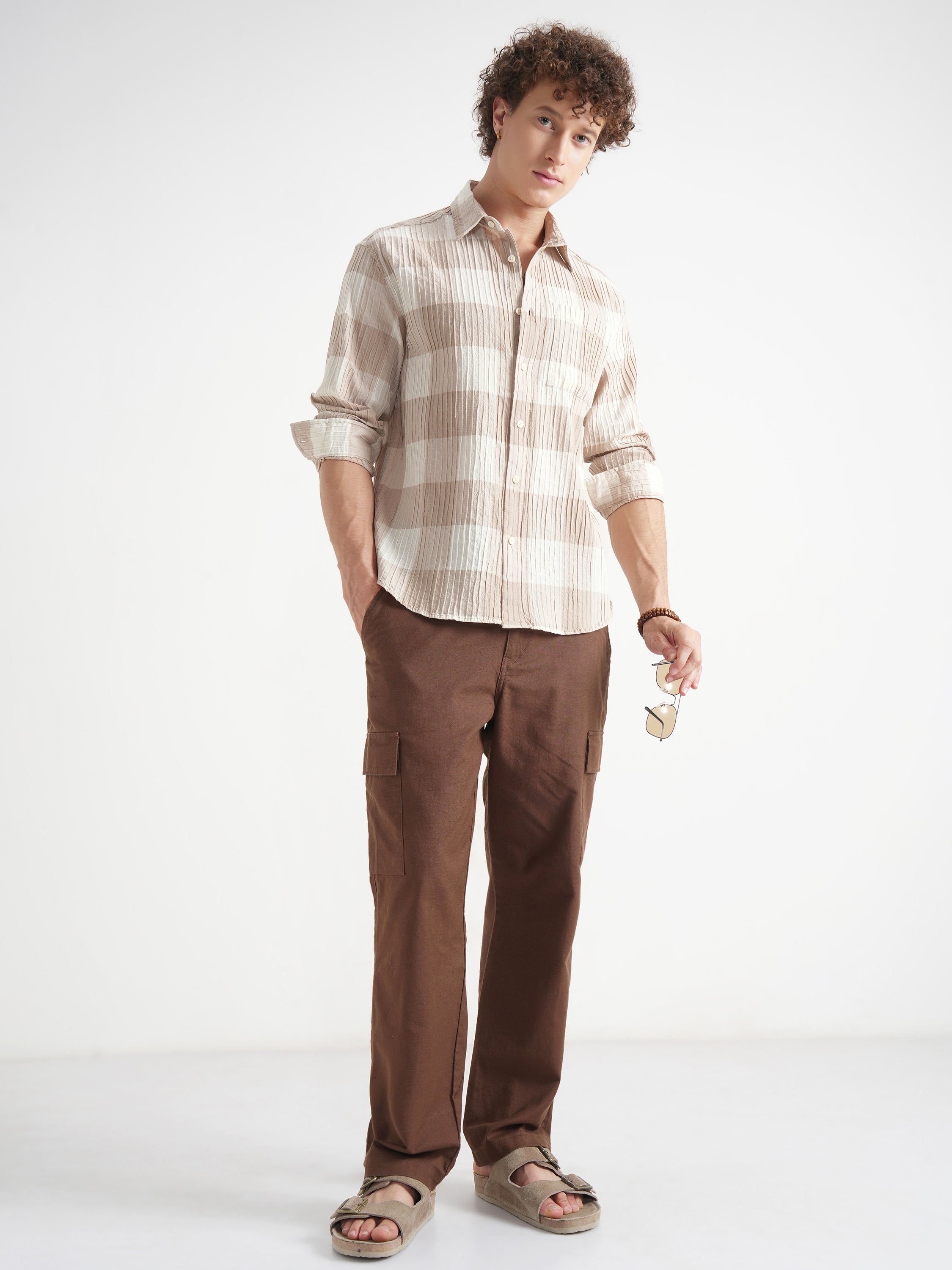 Highlander Men Cream Checked Relaxed Fit Casual Shirt - Cream - Image 2