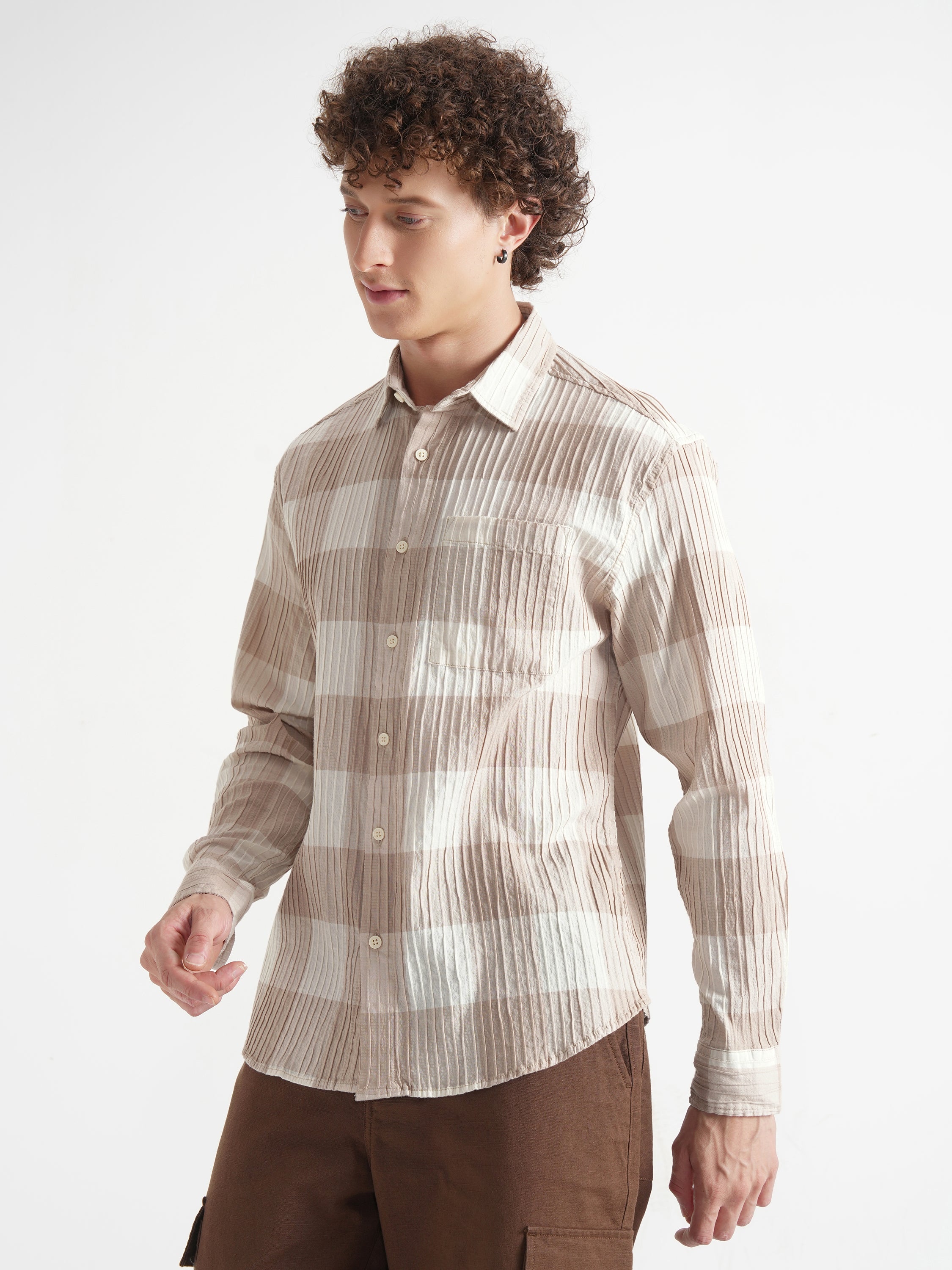 Highlander Men Cream Checked Relaxed Fit Casual Shirt - Cream - Image 4