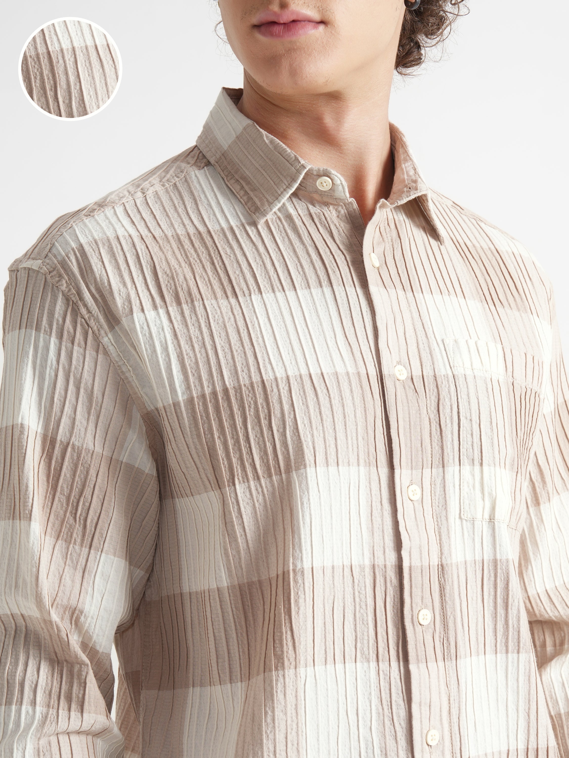 Highlander Men Cream Checked Relaxed Fit Casual Shirt - Cream - Image 5