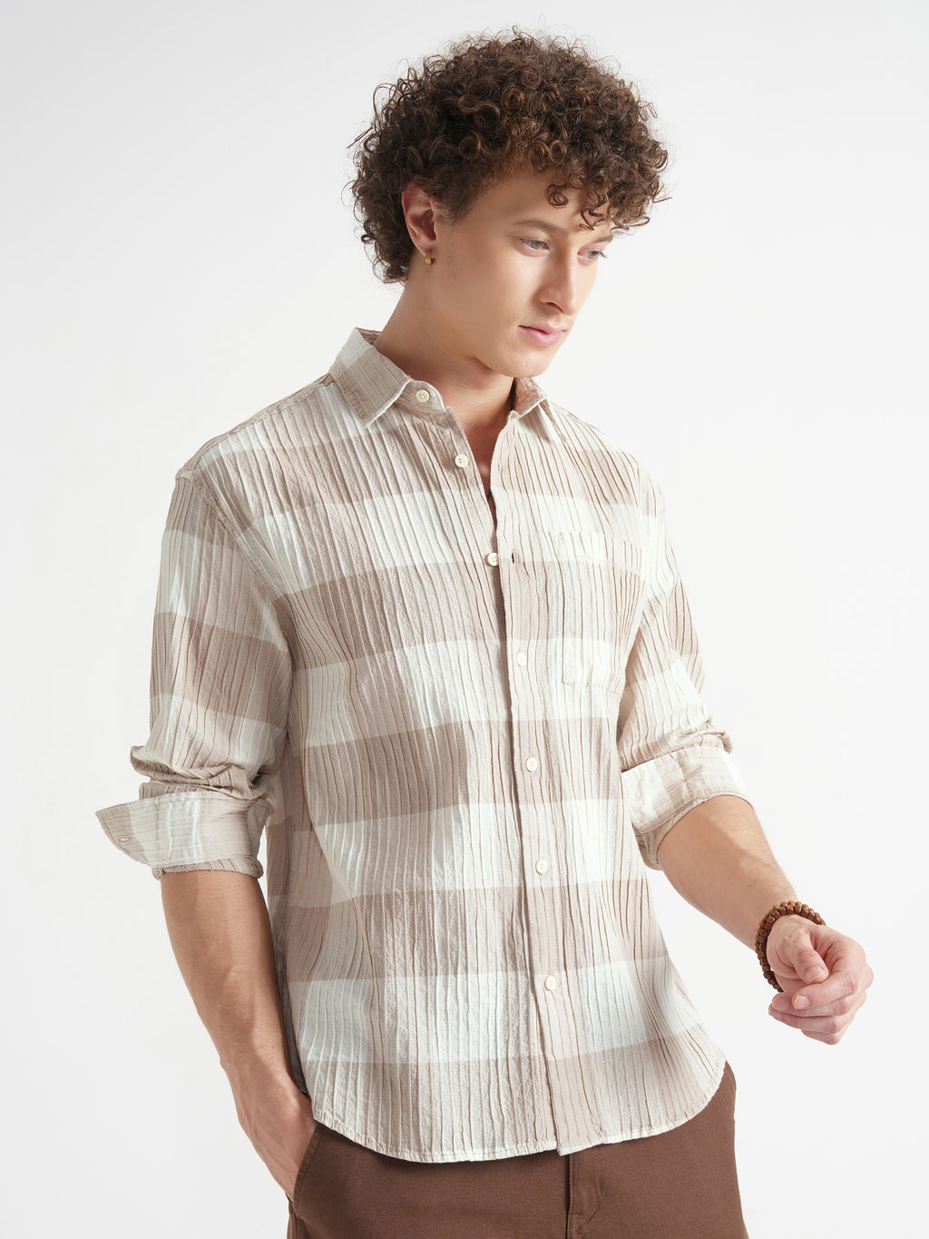 Highlander Men Cream Checked Relaxed Fit Casual Shirt - Cream - Image 6