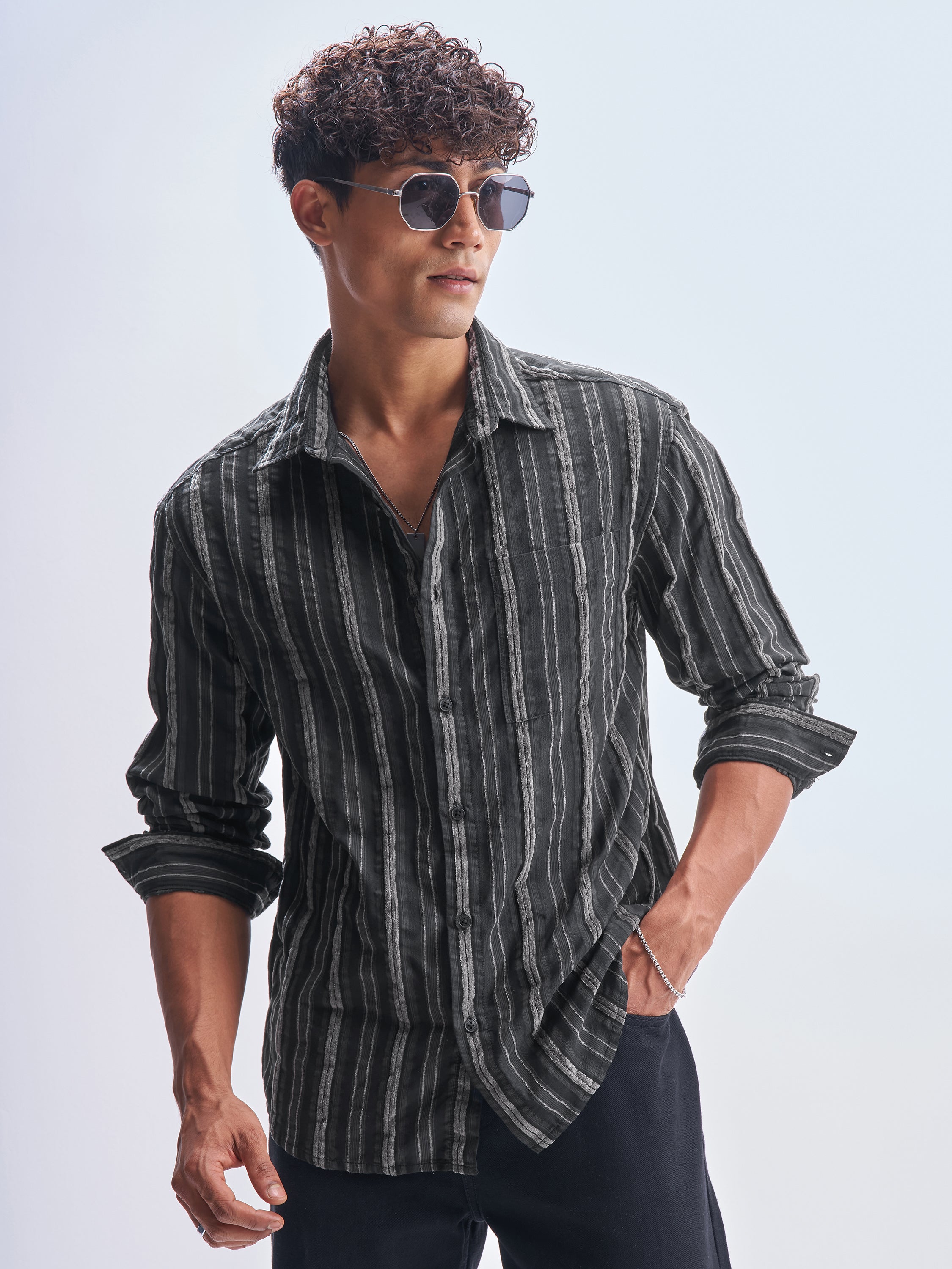 Highlander Men Black Striped Relaxed Fit Casual Shirt - Black - Image 1