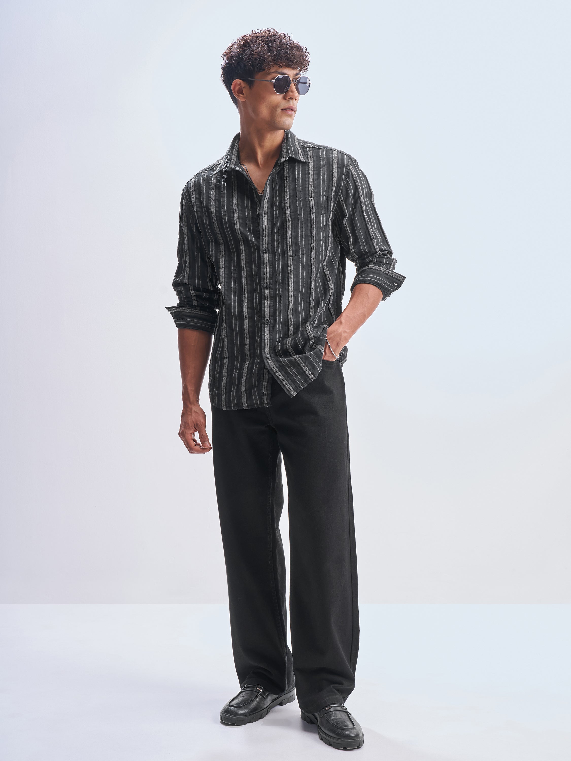 Highlander Men Black Striped Relaxed Fit Casual Shirt - Black - Image 2