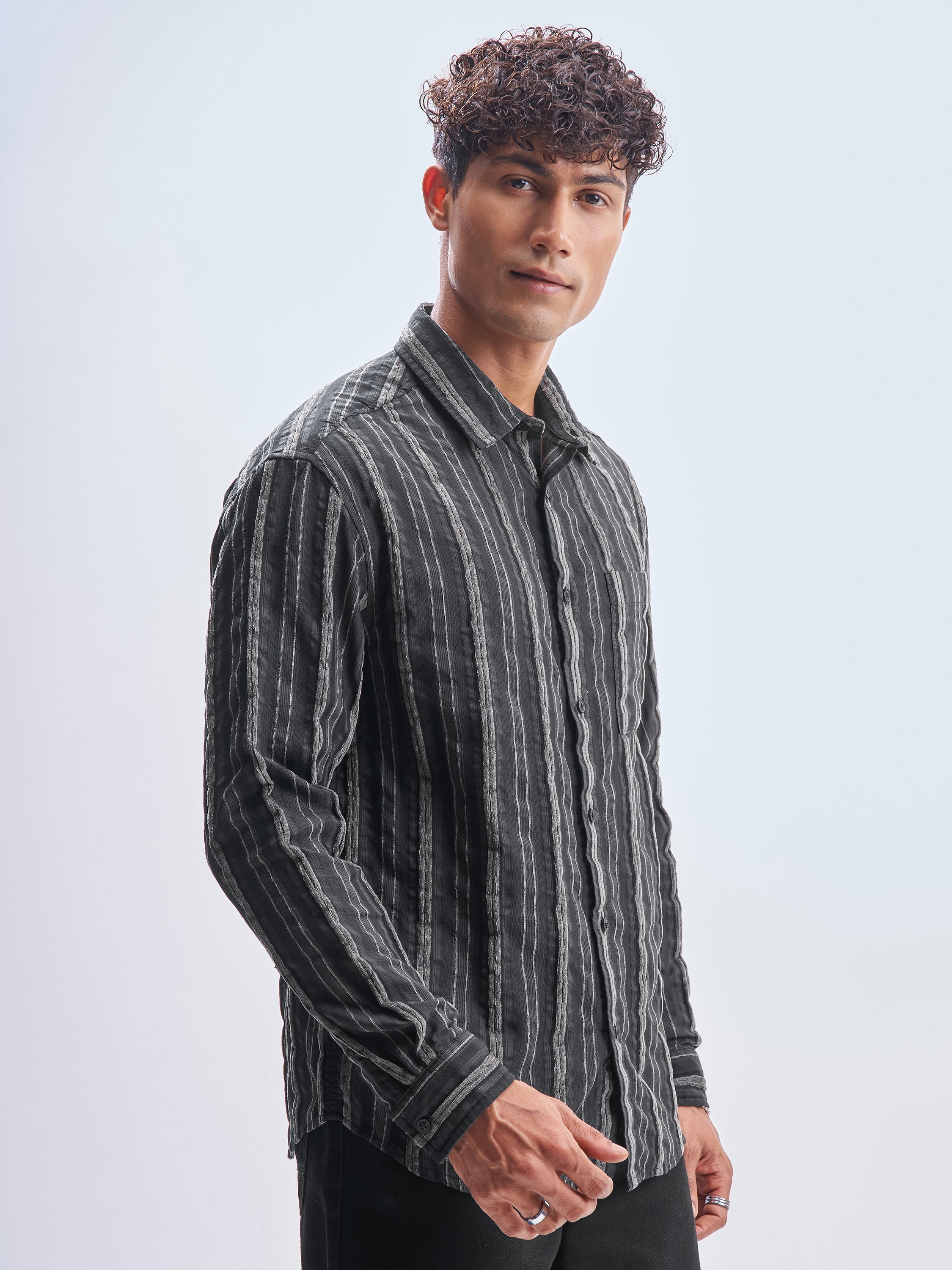 Highlander Men Black Striped Relaxed Fit Casual Shirt - Black - Image 6