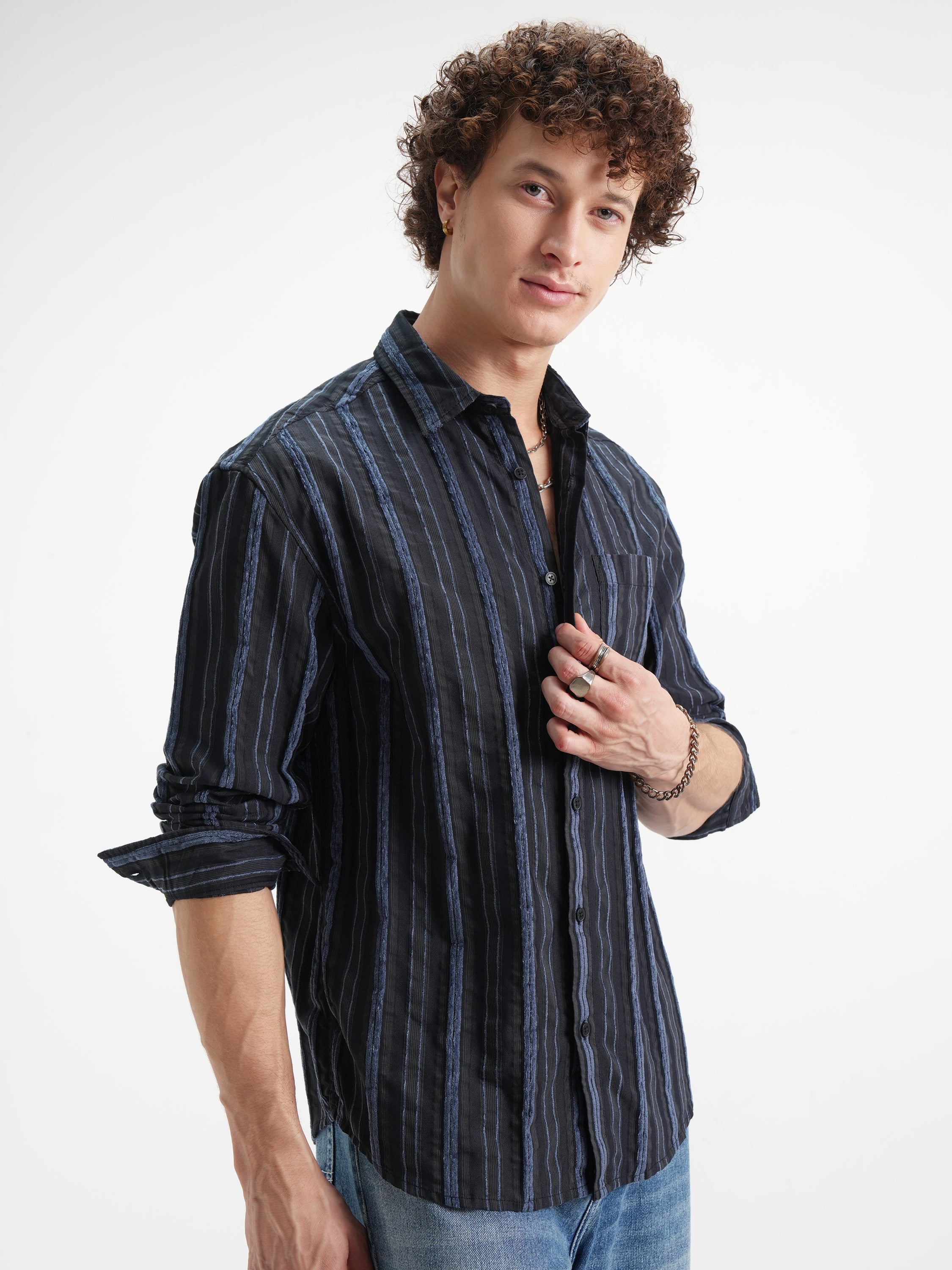 Highlander Men Black Striped Relaxed Fit Casual Shirt - Black - Image 6