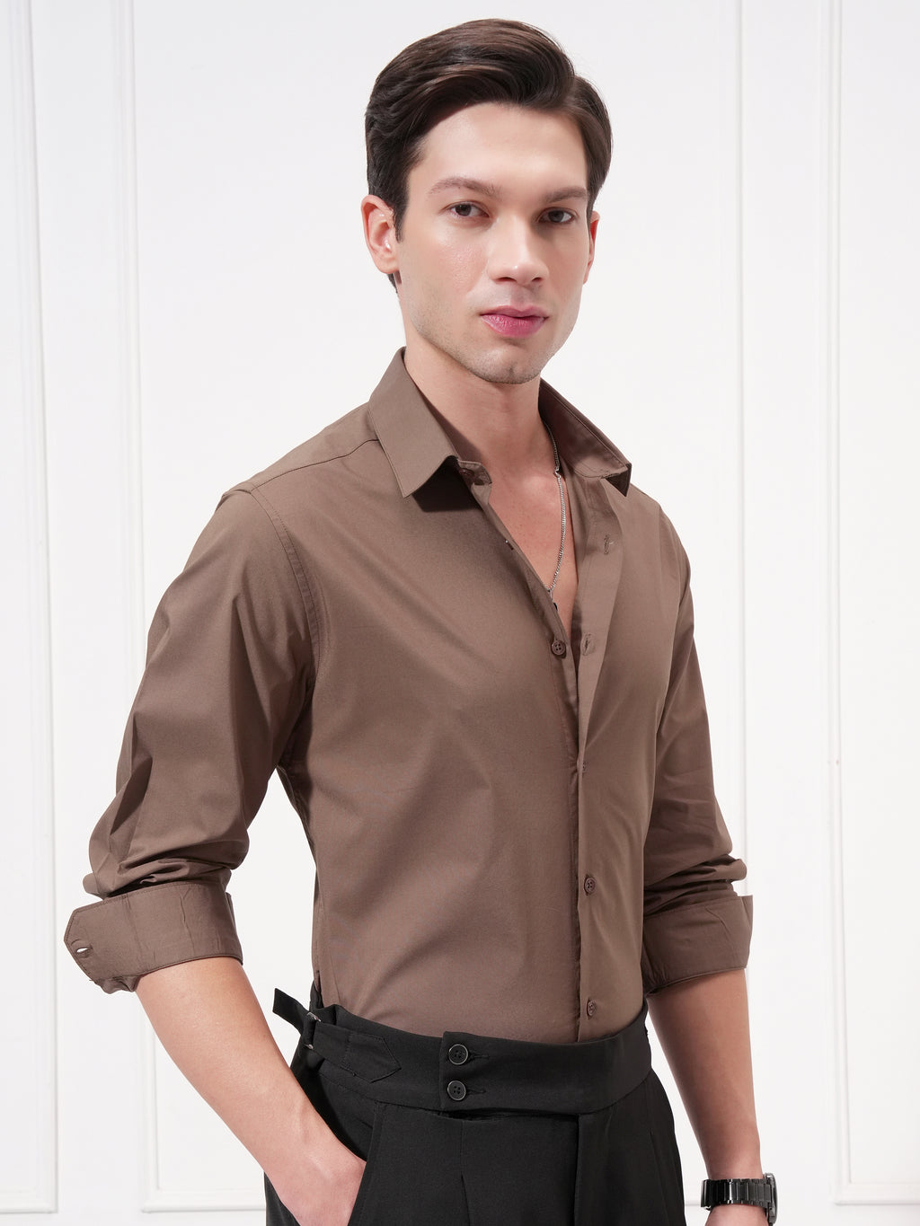 Highlander Men Brown Solid Slim Fit Casual Shirt - Brown - Image 6
