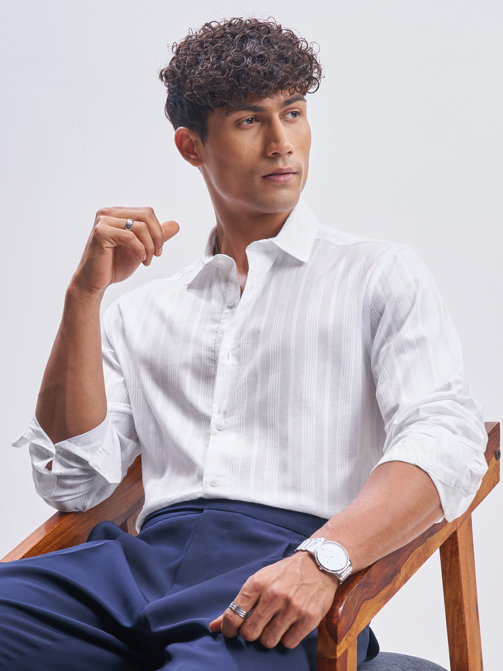 Highlander Men White Striped Slim Fit Casual Shirt - White - Image 1