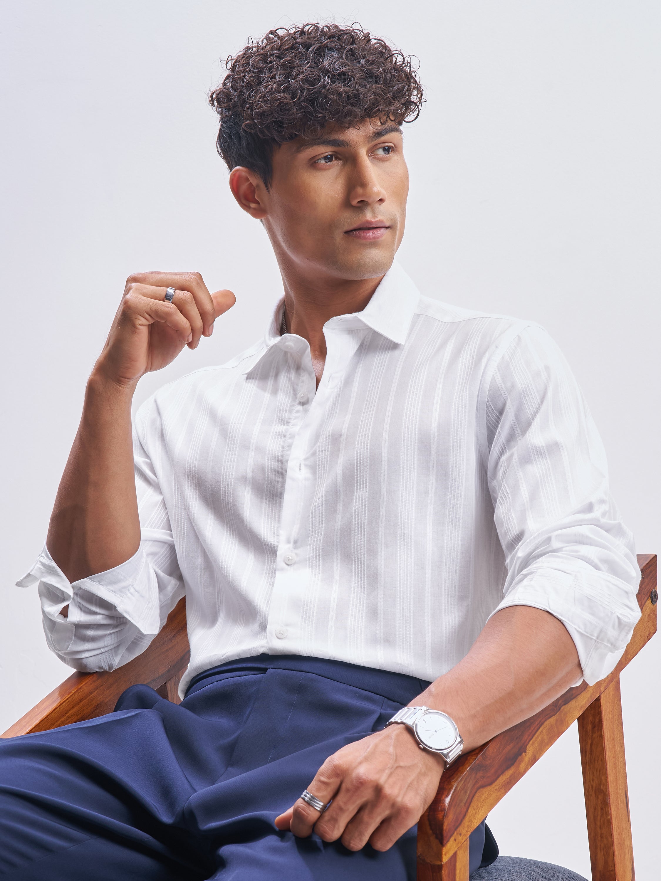 Highlander Men White Striped Slim Fit Casual Shirt - White - Image 1