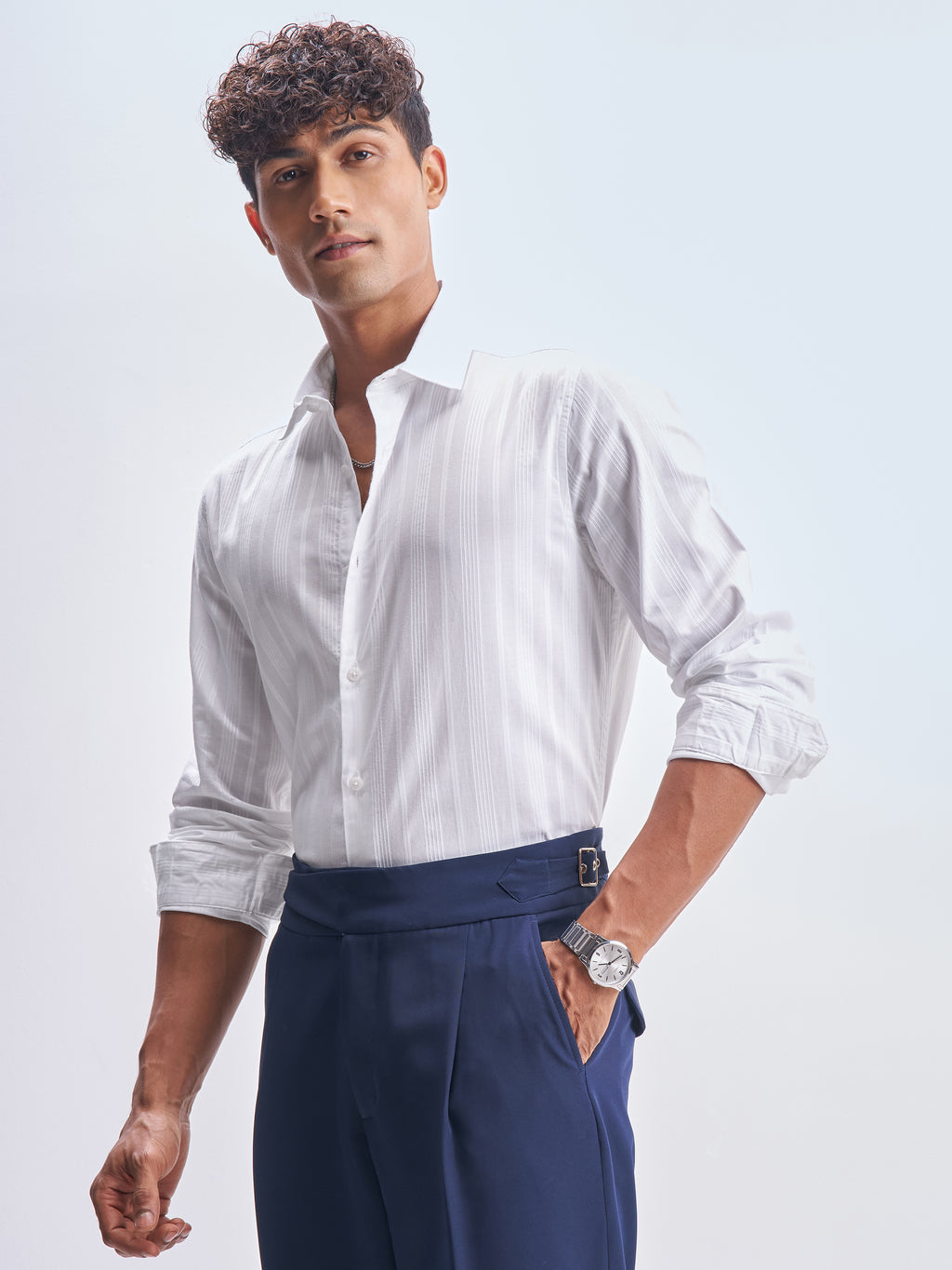 Highlander Men White Striped Slim Fit Casual Shirt - White - Image 4