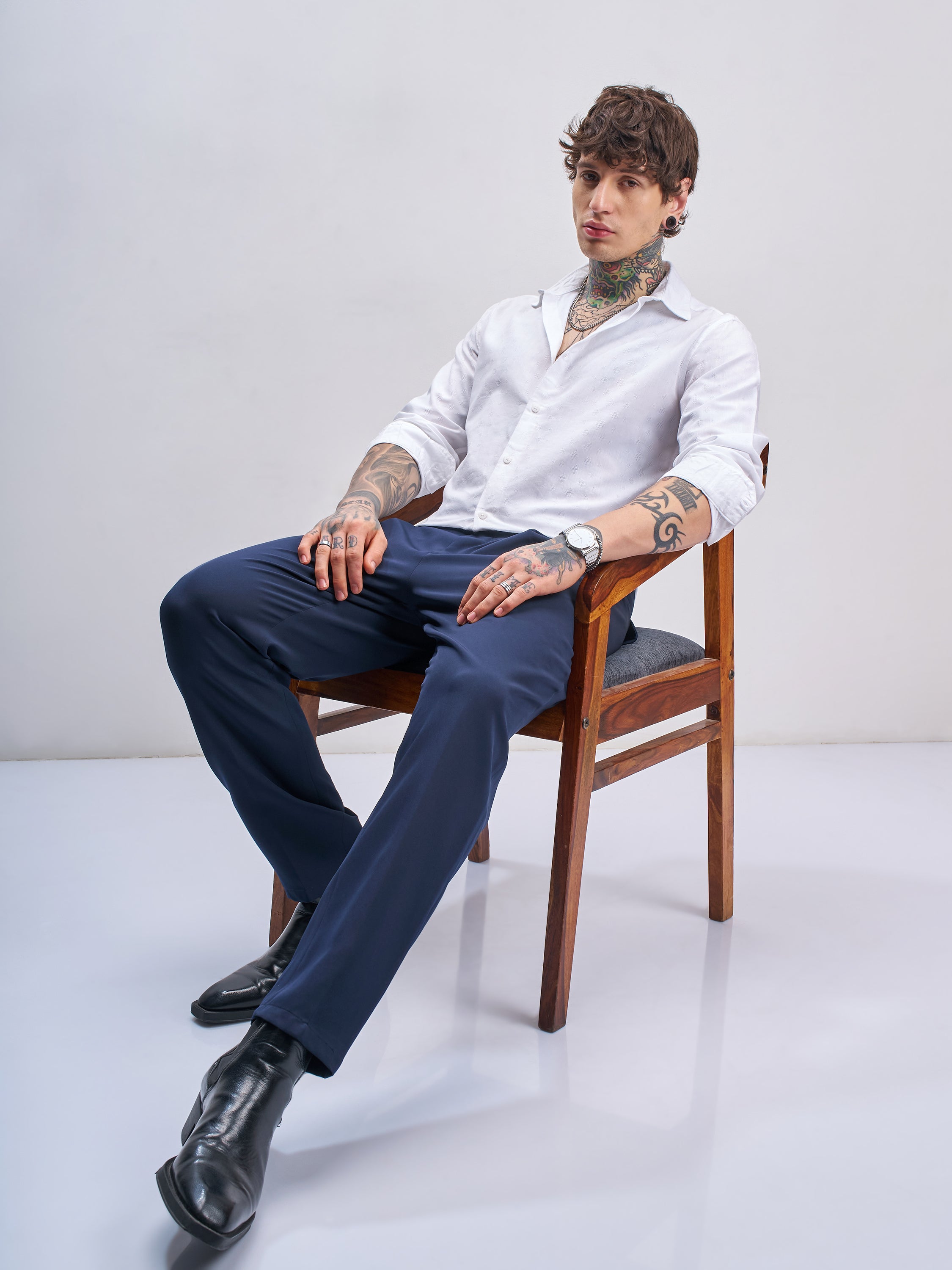 Highlander Men White Self Design Slim Fit Casual Shirt - White - Image 2