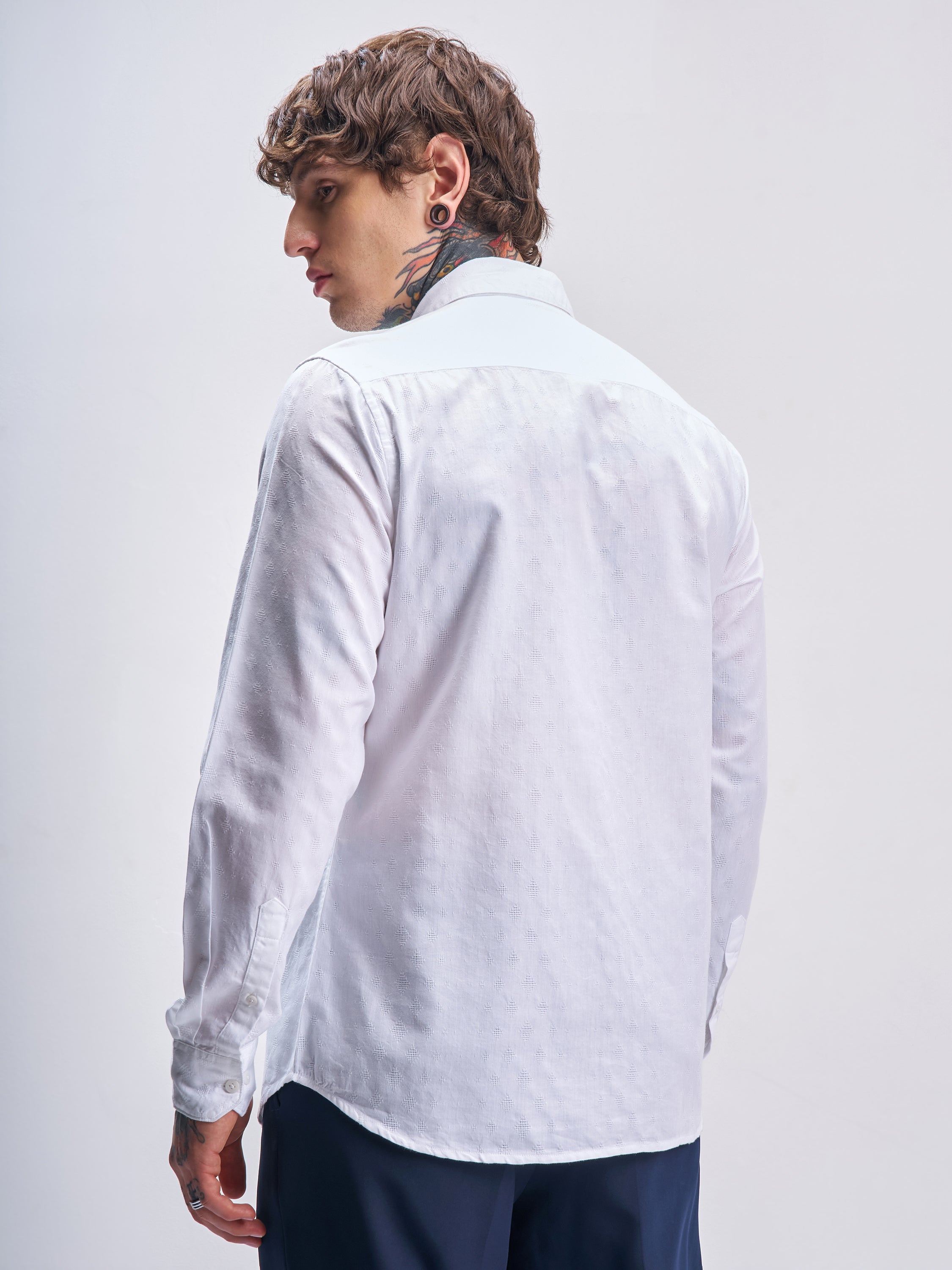 Highlander Men White Self Design Slim Fit Casual Shirt - White - Image 3