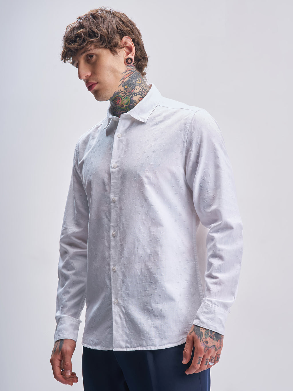 Highlander Men White Self Design Slim Fit Casual Shirt - White - Image 4
