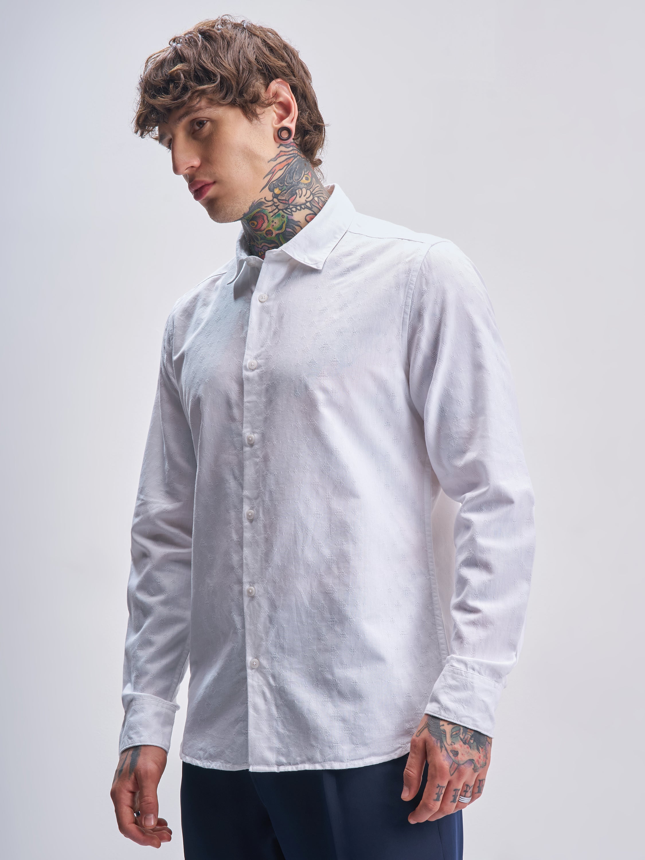 Highlander Men White Self Design Slim Fit Casual Shirt - White - Image 4