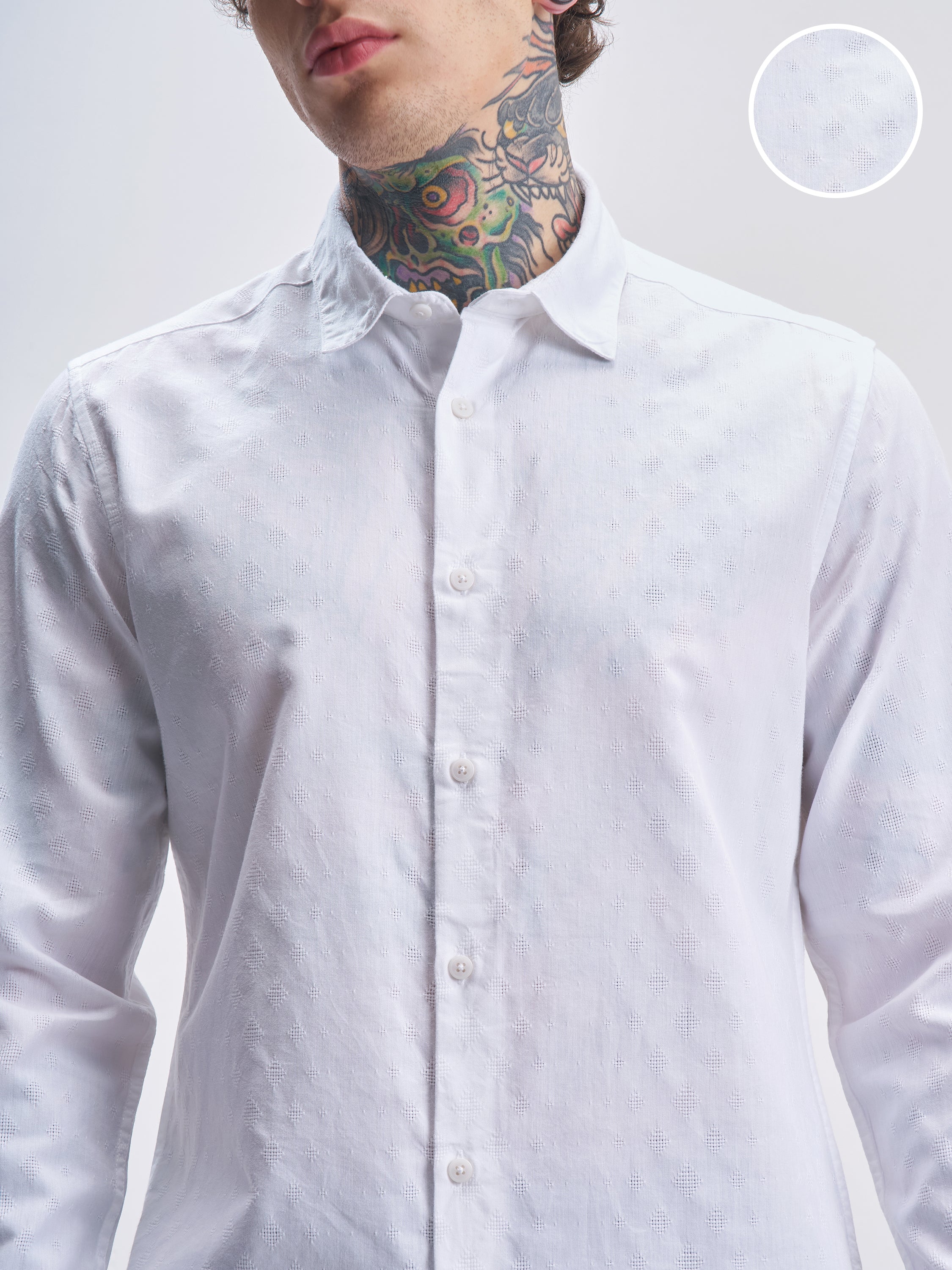 Highlander Men White Self Design Slim Fit Casual Shirt - White - Image 5